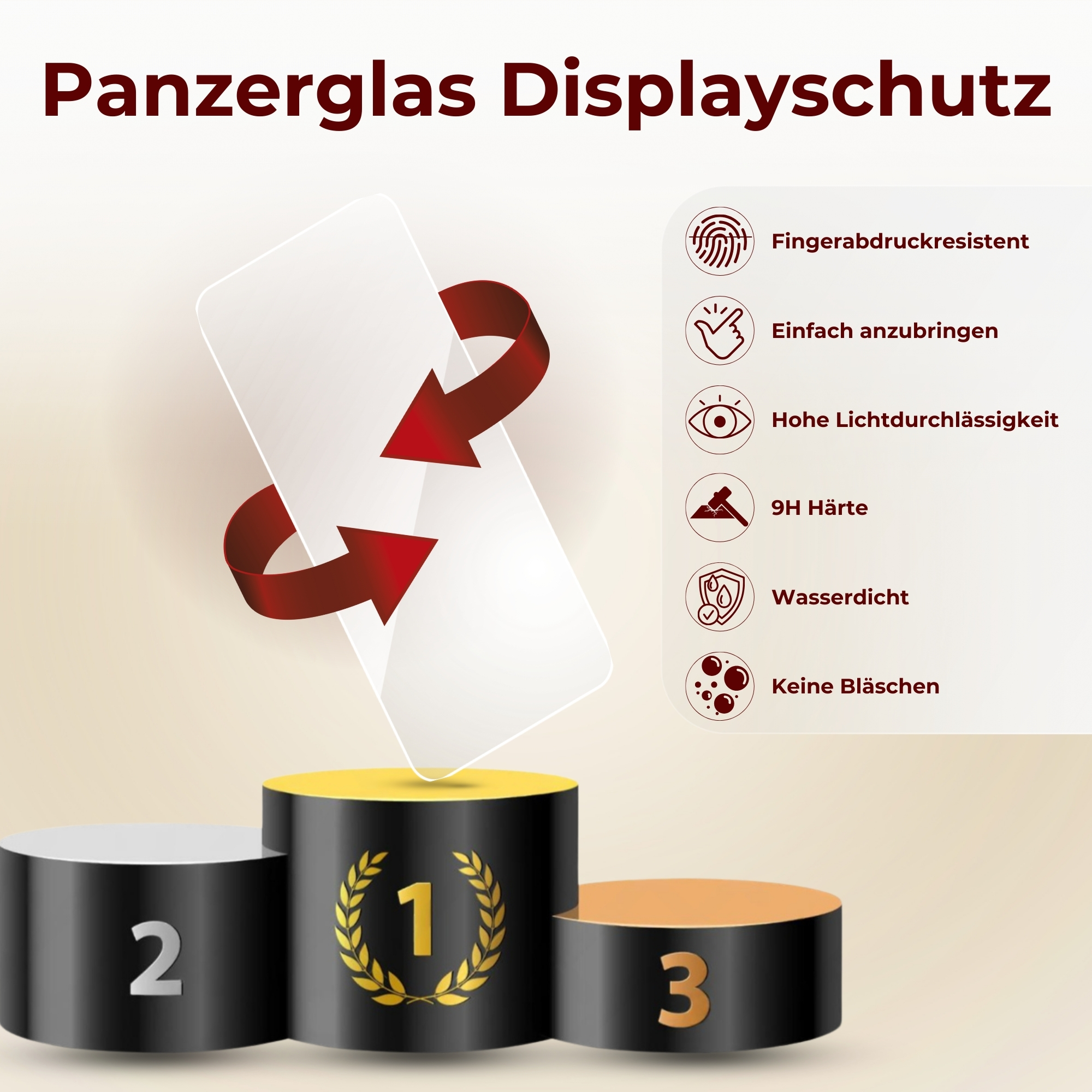 Displayschutz auf Podest. Pfeile und Icons beschreiben die Eigenschaften des Produkts.
