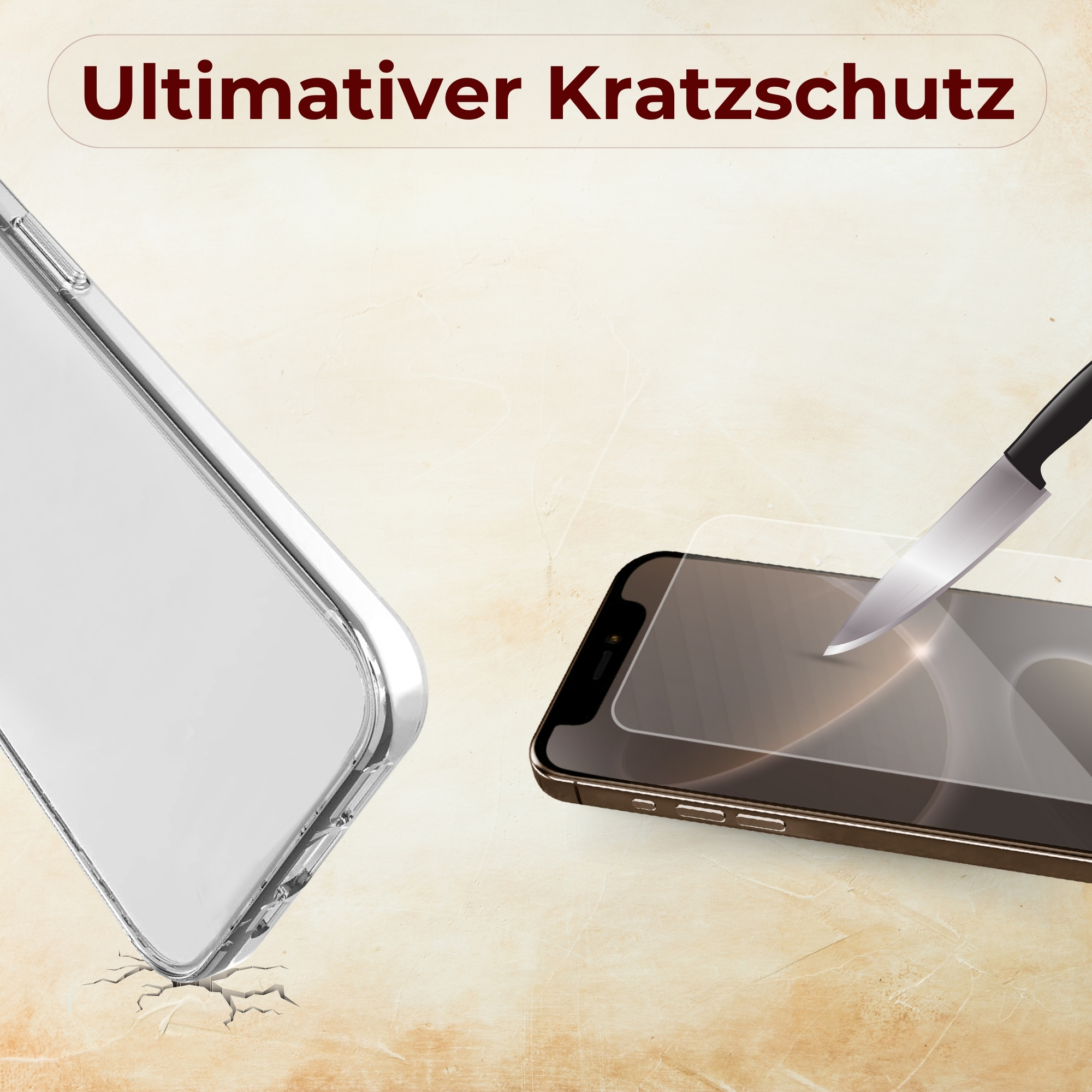 Handy-Displayschutz mit Messer und Handyhülle. Beiger Hintergrund.