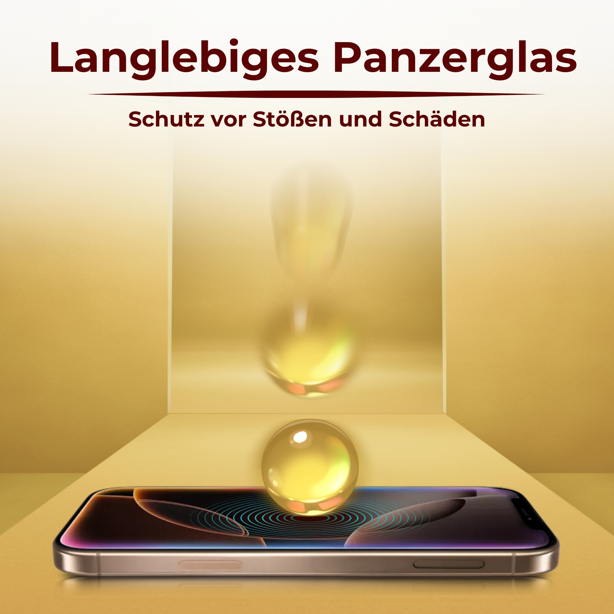Ein Telefon mit goldenem Rahmen und einem Tropfen Flüssigkeit darauf. Ein gelber Tropfen fällt.