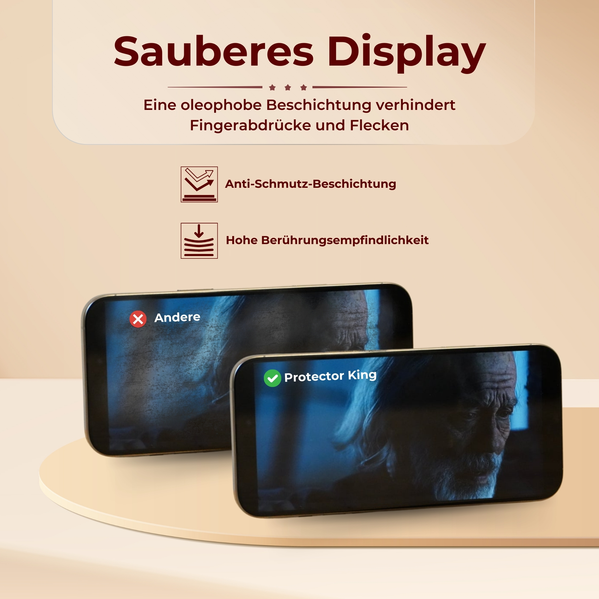 Zwei Telefone. Eines mit schmutzigem Bildschirm und X. Eines mit sauberem Bildschirm und Logo.
