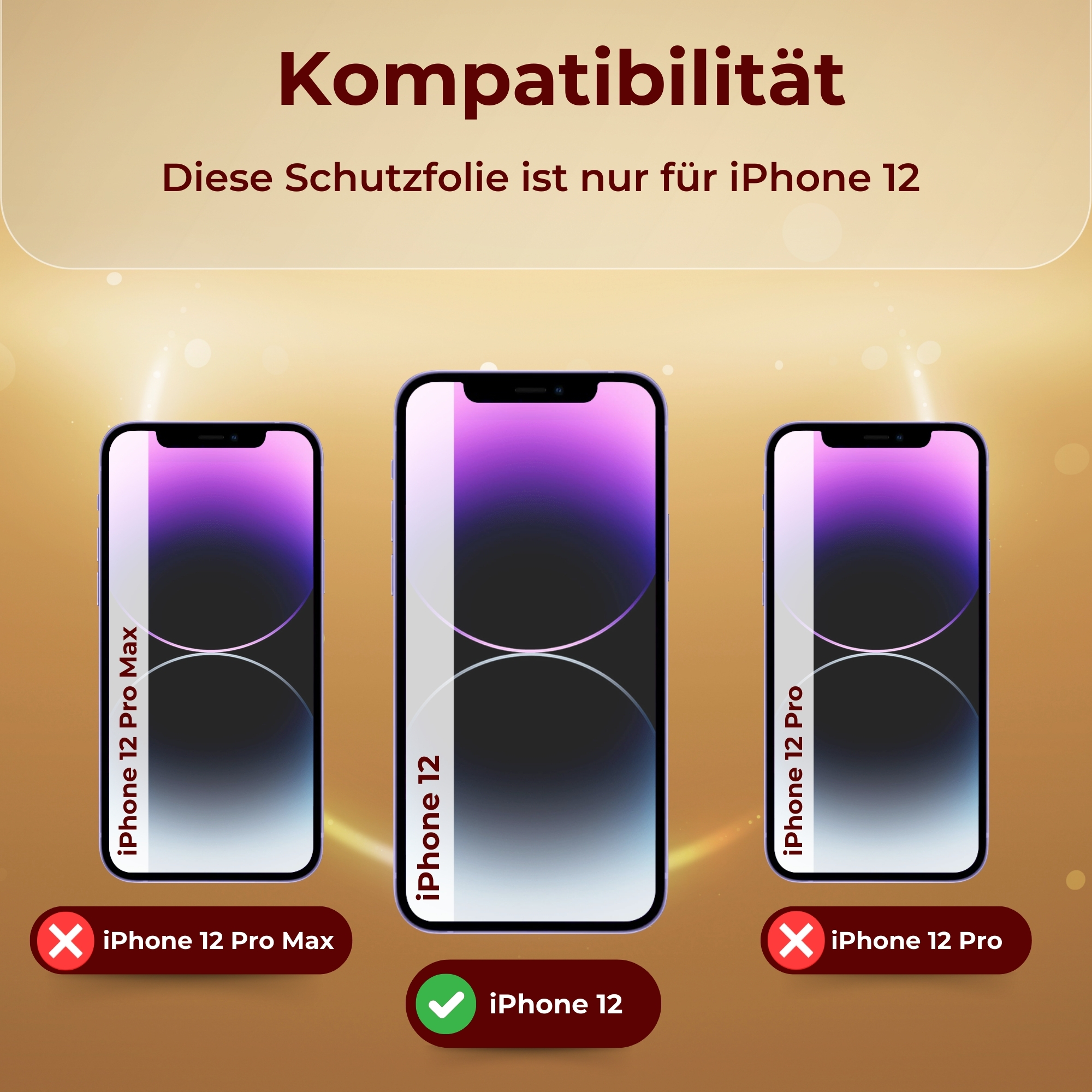 Drei Telefone, ein grünes Häkchen auf dem iPhone 12, iPhone 12 Pro Max und Pro sind durchgestrichen.
