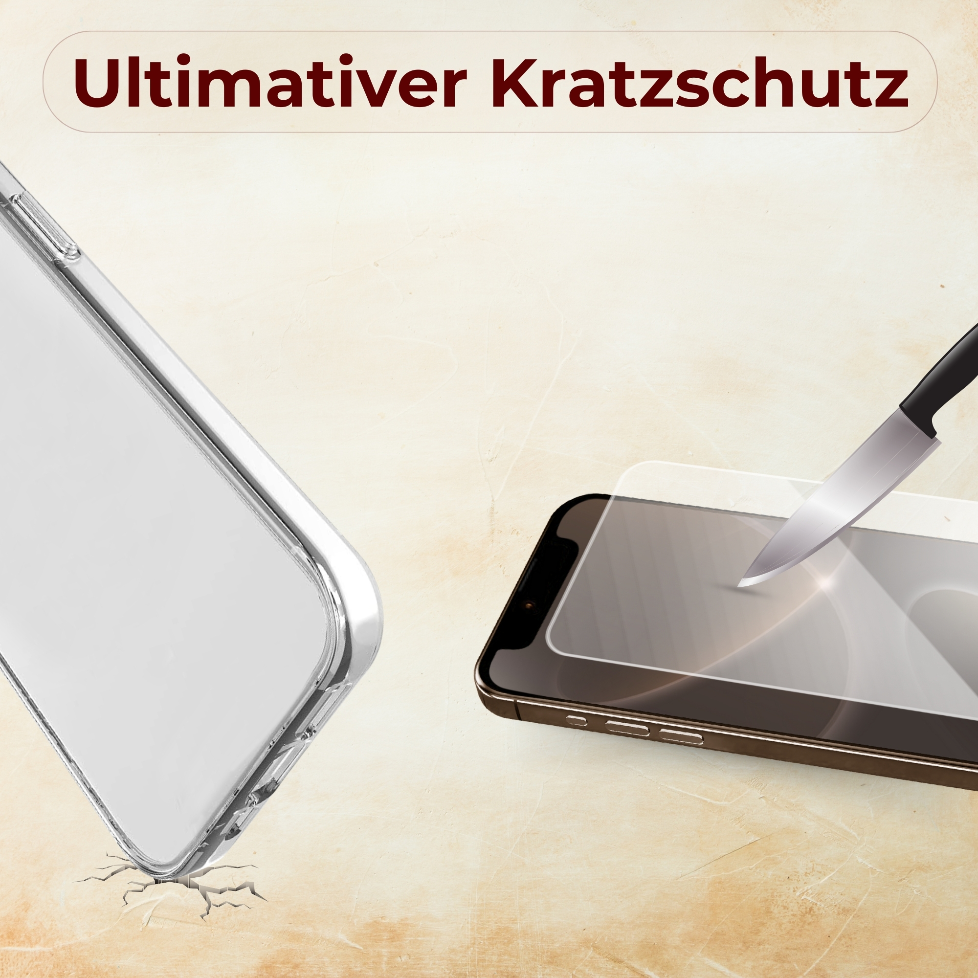 Telefon mit Displayschutz wird mit einem Messer geschnitten, und eine Handyhülle links.
