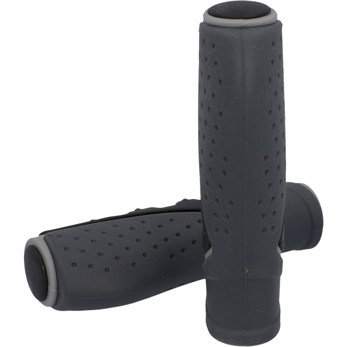 Zwei graue Fahrradlenkergriffe. Einer steht aufrecht, der andere liegt horizontal. Beide haben kleine Löcher und schwarze Endkappen.