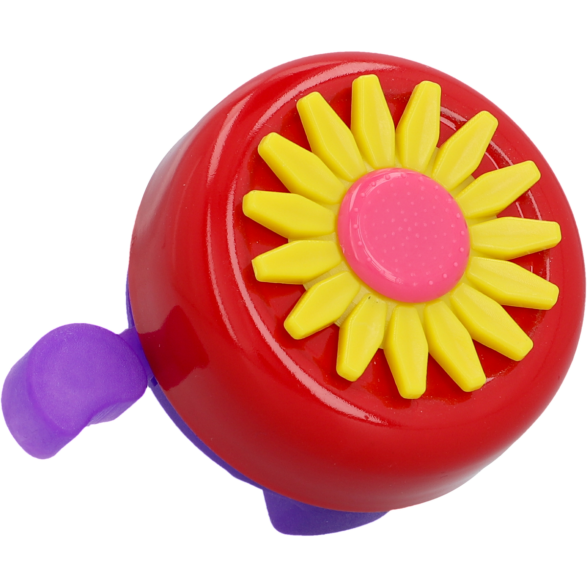 Eine rote Fahrradklingel mit gelbem Blumenmuster in der Mitte und einem lila Hebel an der Seite.