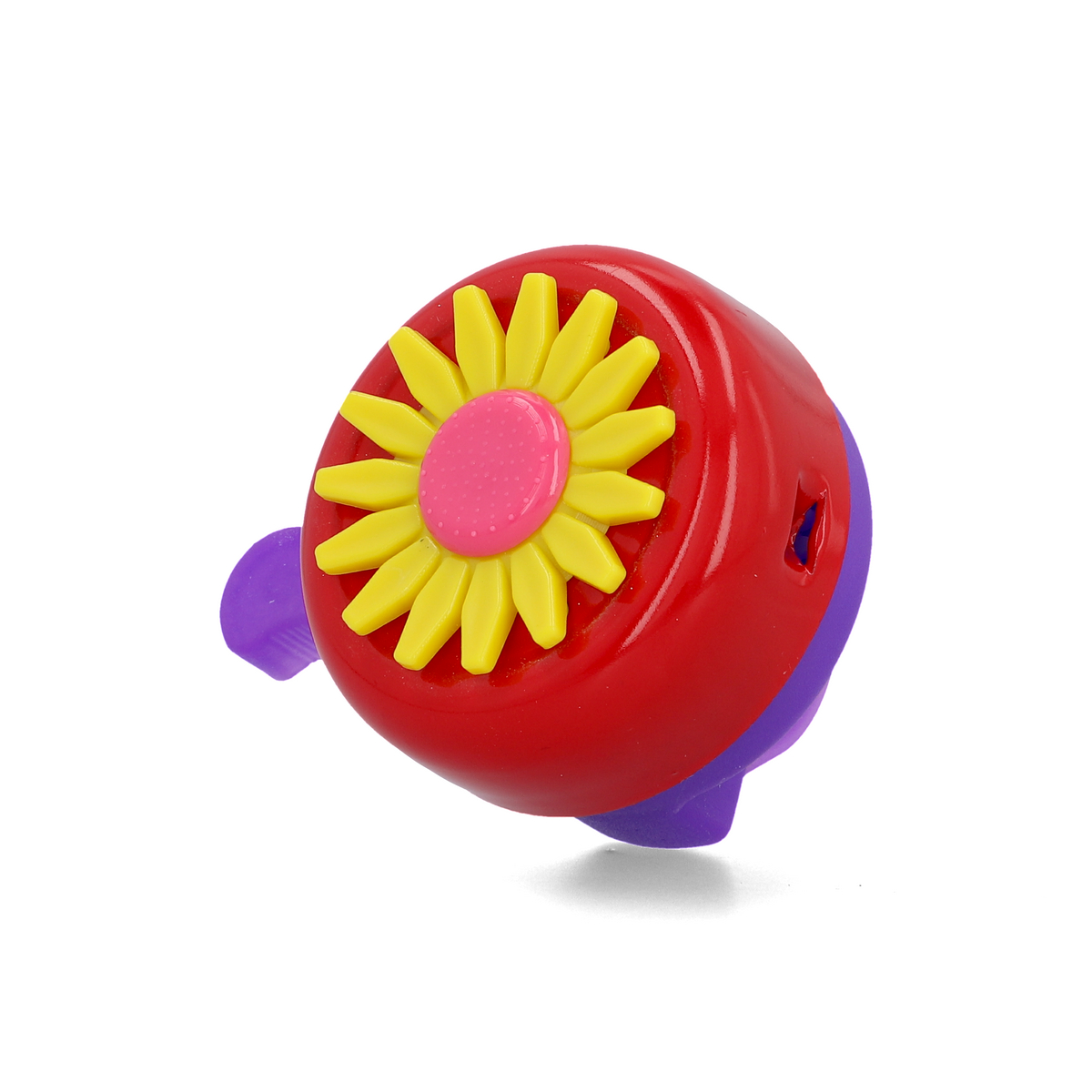 Eine bunte Glocke mit gelbem Blumendesign und lila Hebel auf weißem Hintergrund.