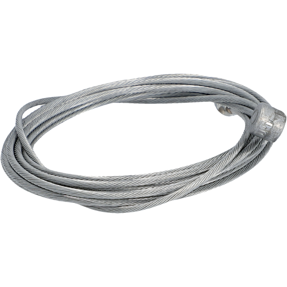 Ein aufgewickeltes Bündel aus silbernem Drahtkabel mit einem Metallanschluss an einem Ende.