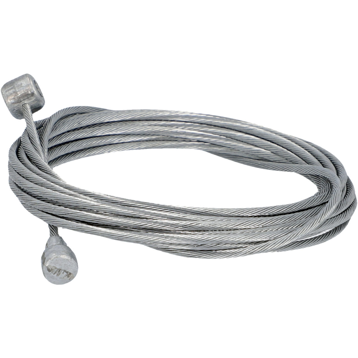 Silbernes Kabel mit Metallenden. Das Kabel ist aufgerollt.