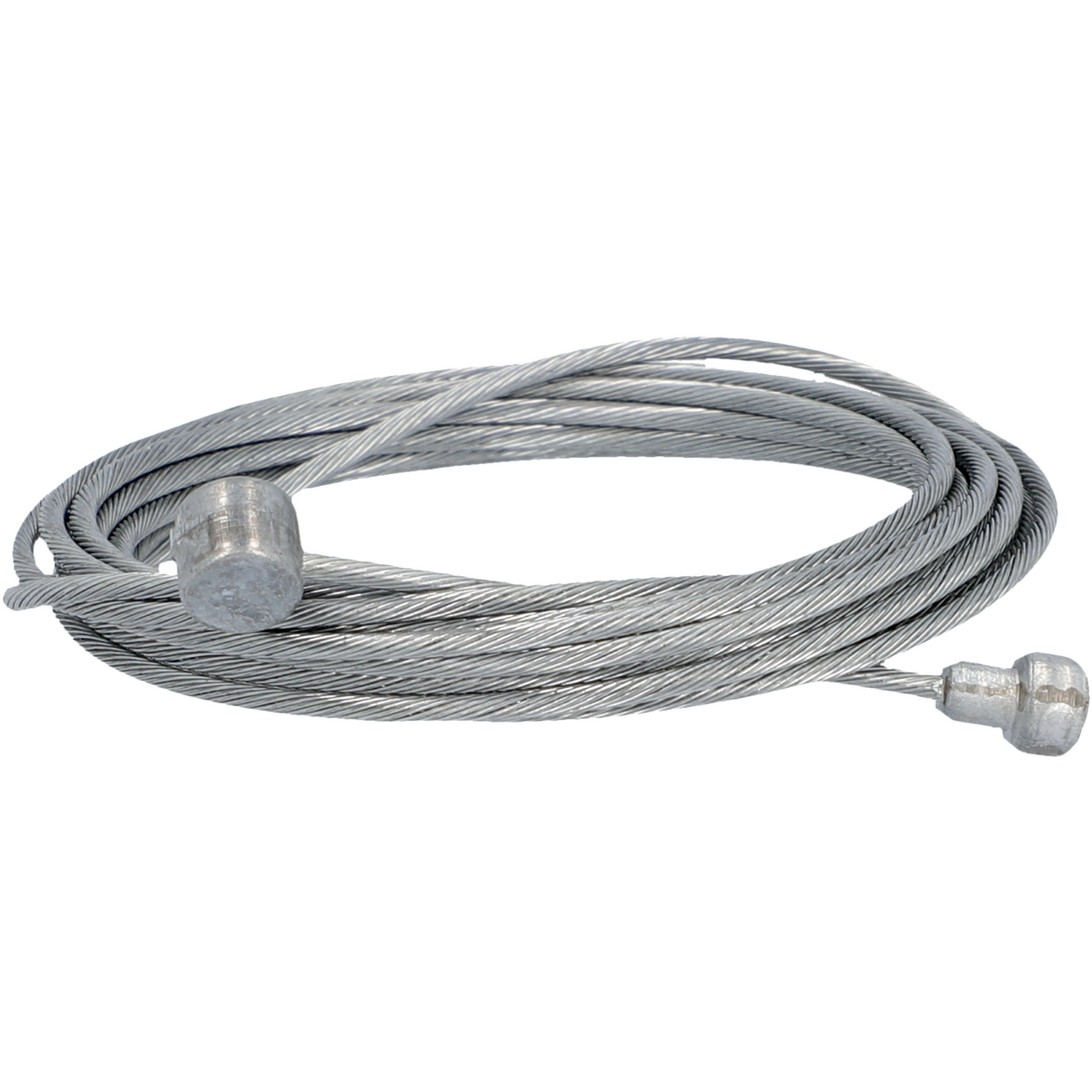 Ein aufgerolltes Metallkabel mit einem Anschluss an jedem Ende. Das Kabel ist silberfarben.