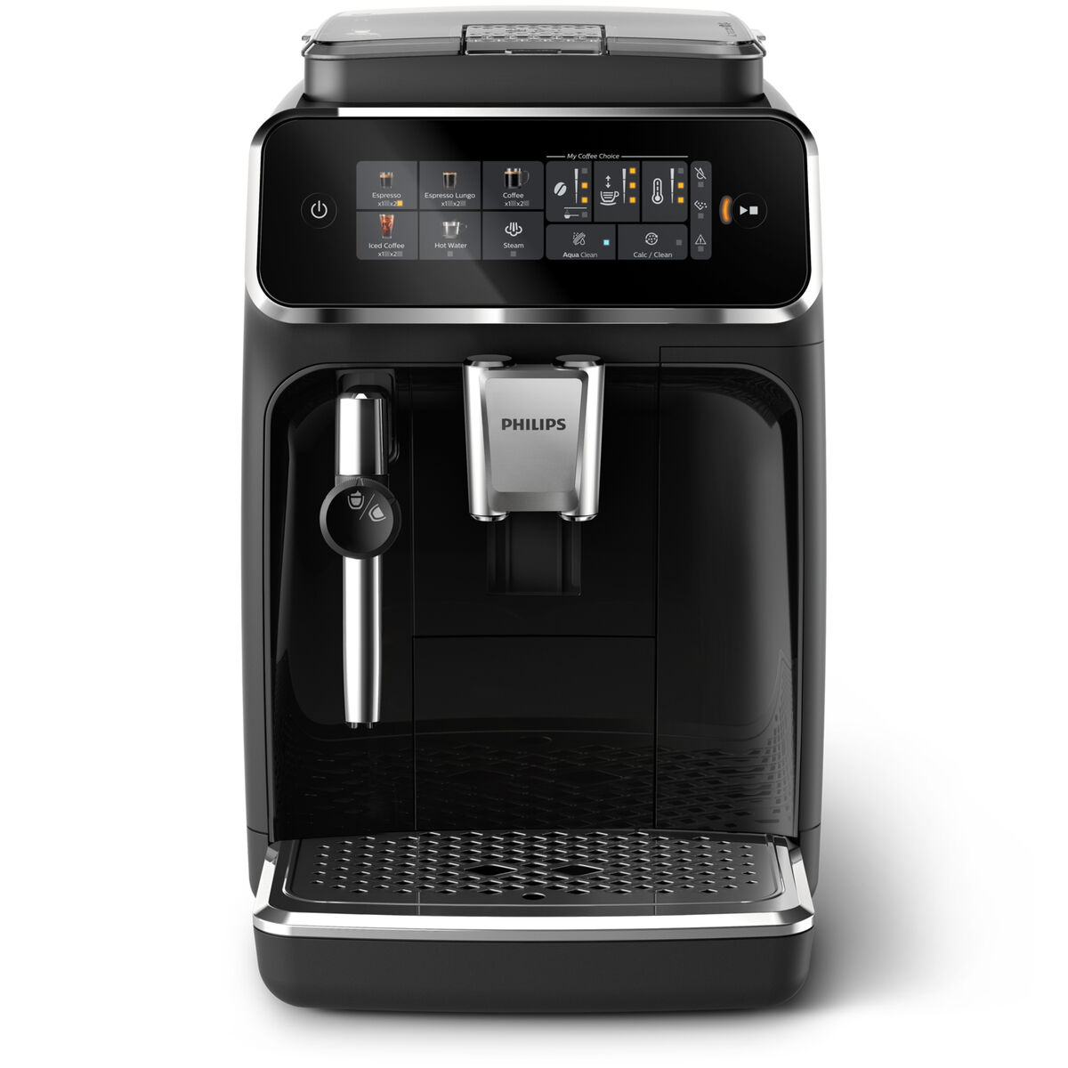 Macchina da caffè Philips nera con display digitale. Offre varie opzioni e un beccuccio argentato.