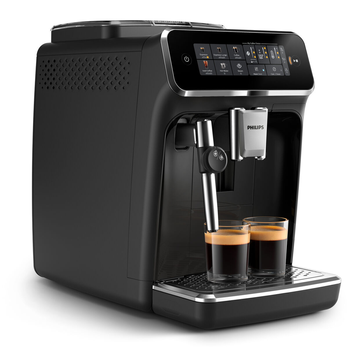 Macchina da caffè Philips nera che eroga caffè in due bicchieri. Lo schermo mostra le opzioni.