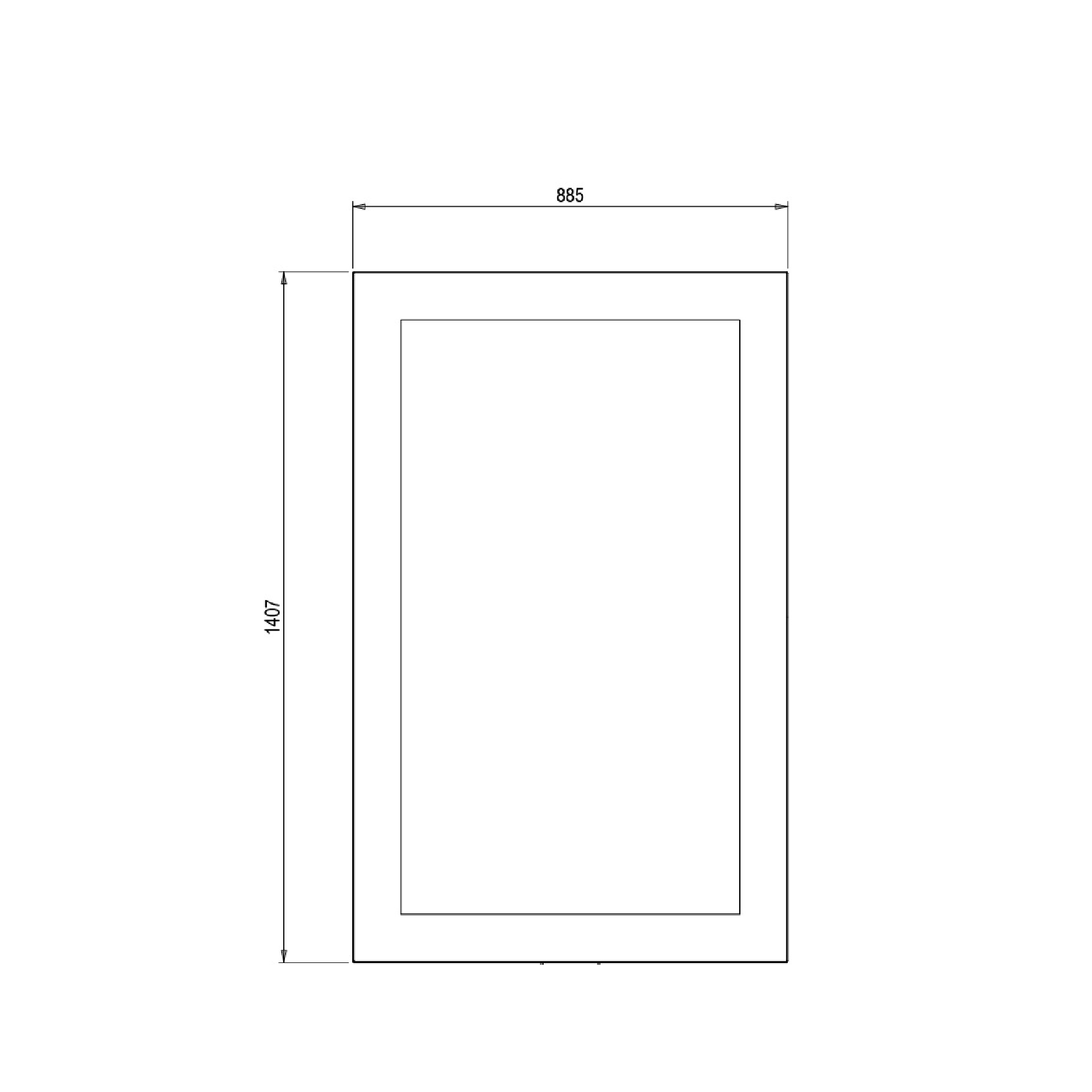 Disegno in bianco e nero con dimensioni. Cornice rettangolare.