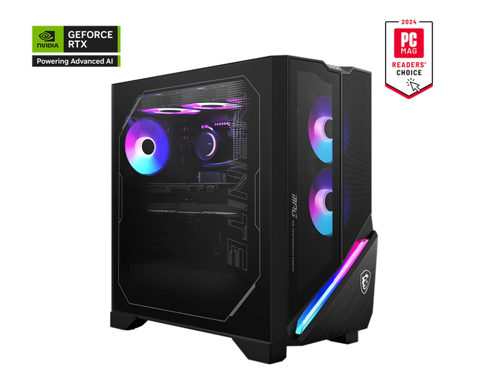 MSI oyun bilgisayarı kasası, fanlar ve ışıklar. Nvidia GeForce RTX logosu mevcut.