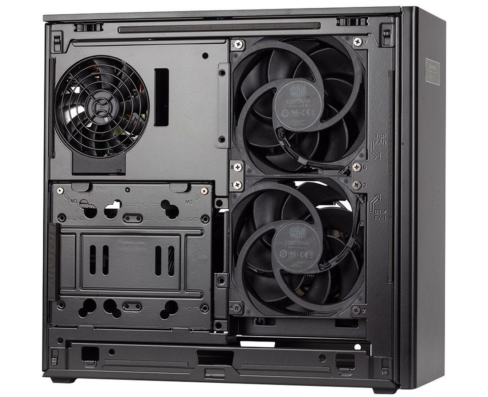 L'interno di un case per computer nero, con ventole e aree di montaggio visibili.