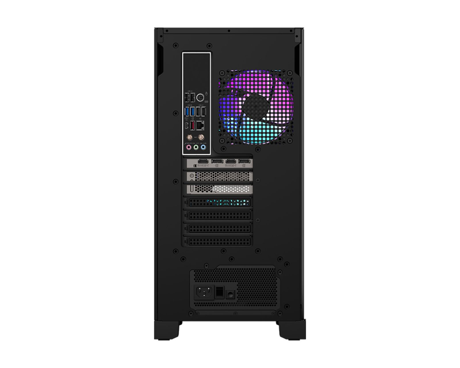 Widok z tyłu czarnego komputera ze świecącym wentylatorem, portami i złączami.