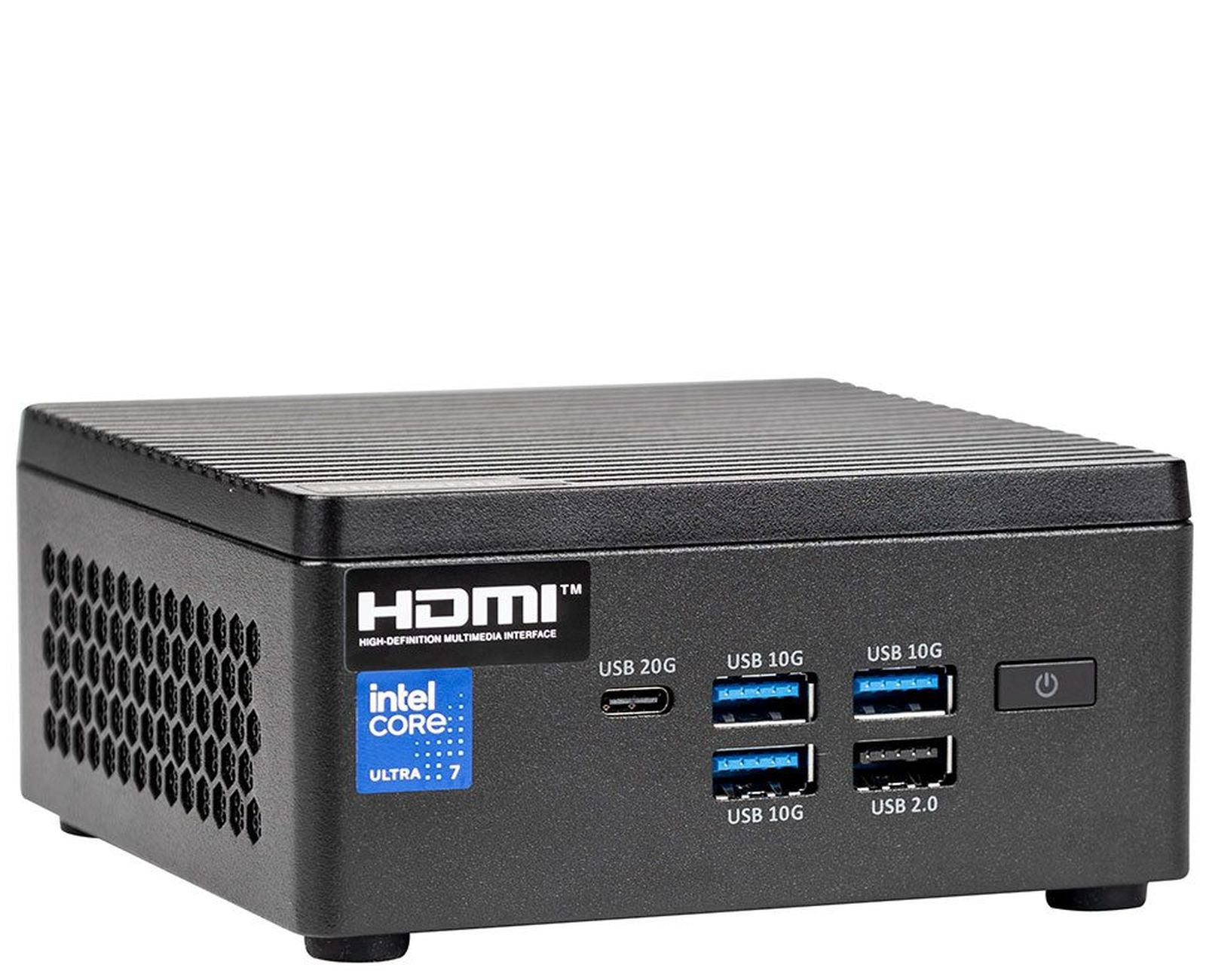 Czarny komputer z naklejką Intel Core i7, portami HDMI i USB. Białe tło.