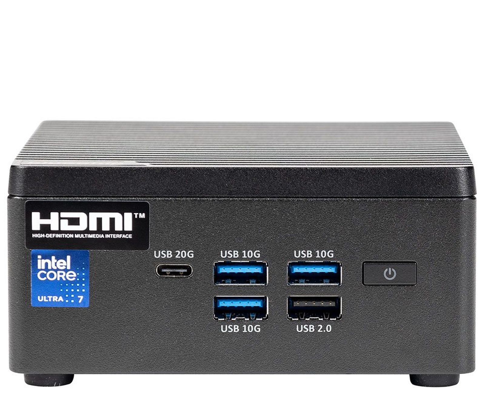 Czarne urządzenie komputerowe z portami USB, USB-C i HDMI. Posiada Intel Core Ultra 7.