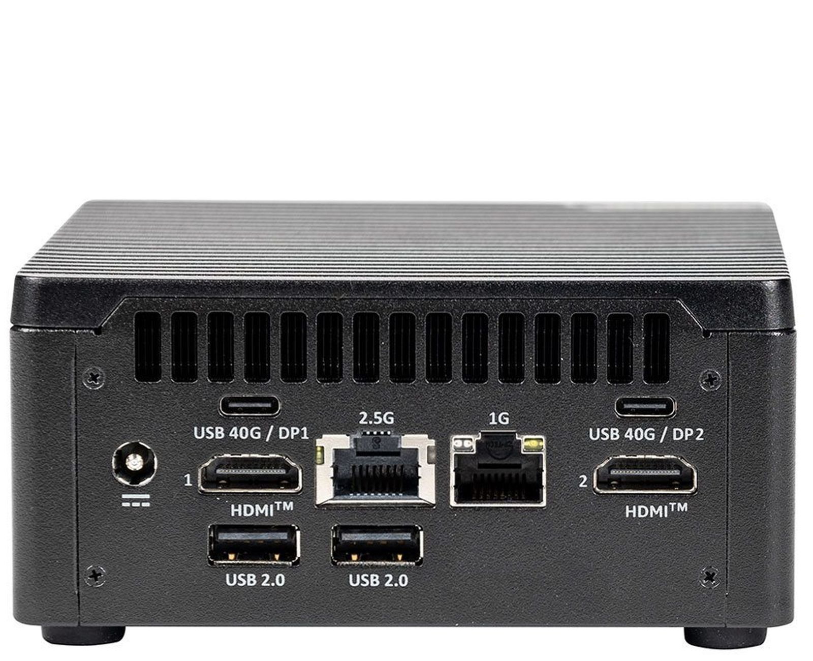Czarne urządzenie komputerowe z wieloma portami, w tym HDMI, Ethernet i USB. Żebrowana góra.