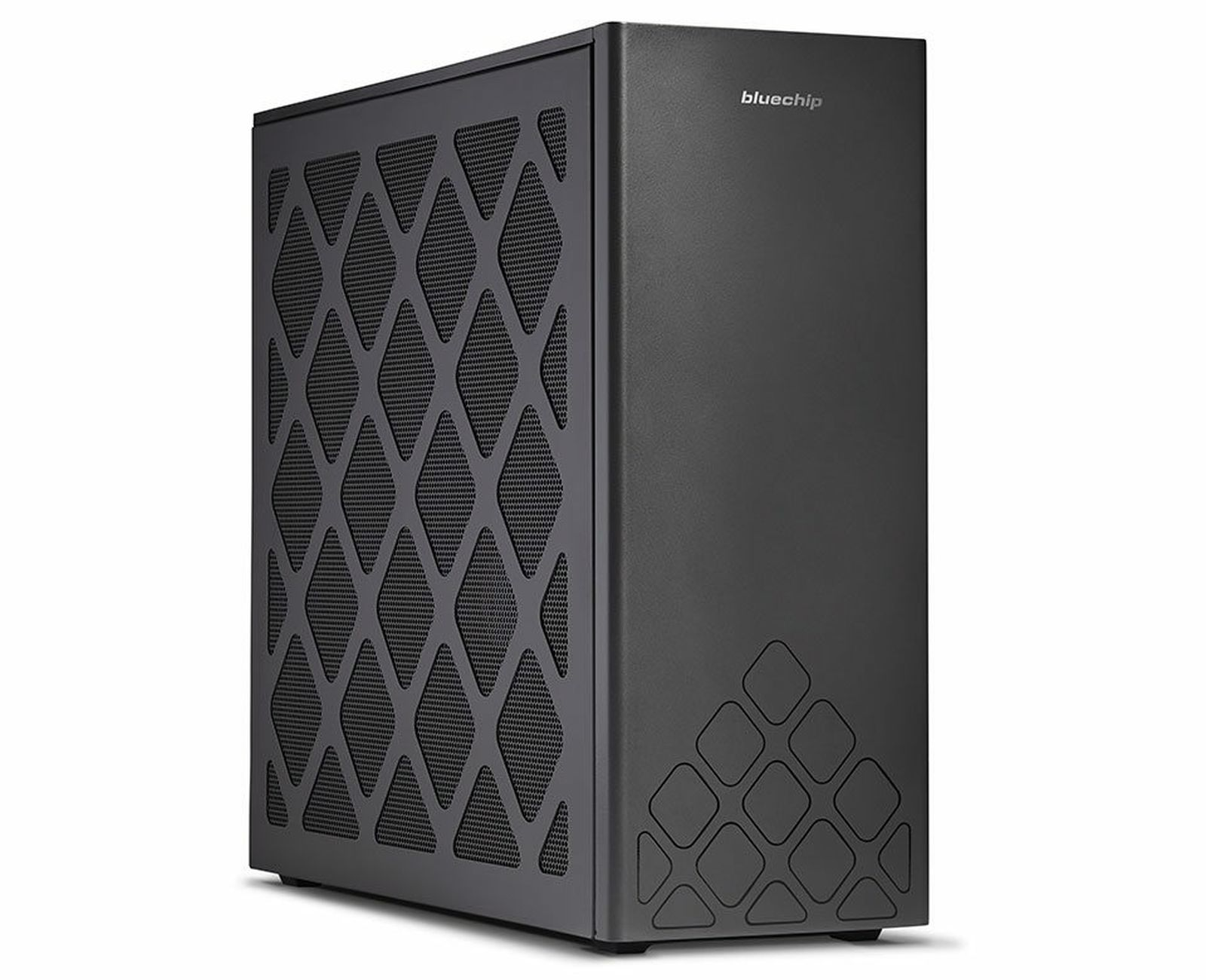 Case per computer nero con pannello frontale a motivo diamantato e un'etichetta bluechip.