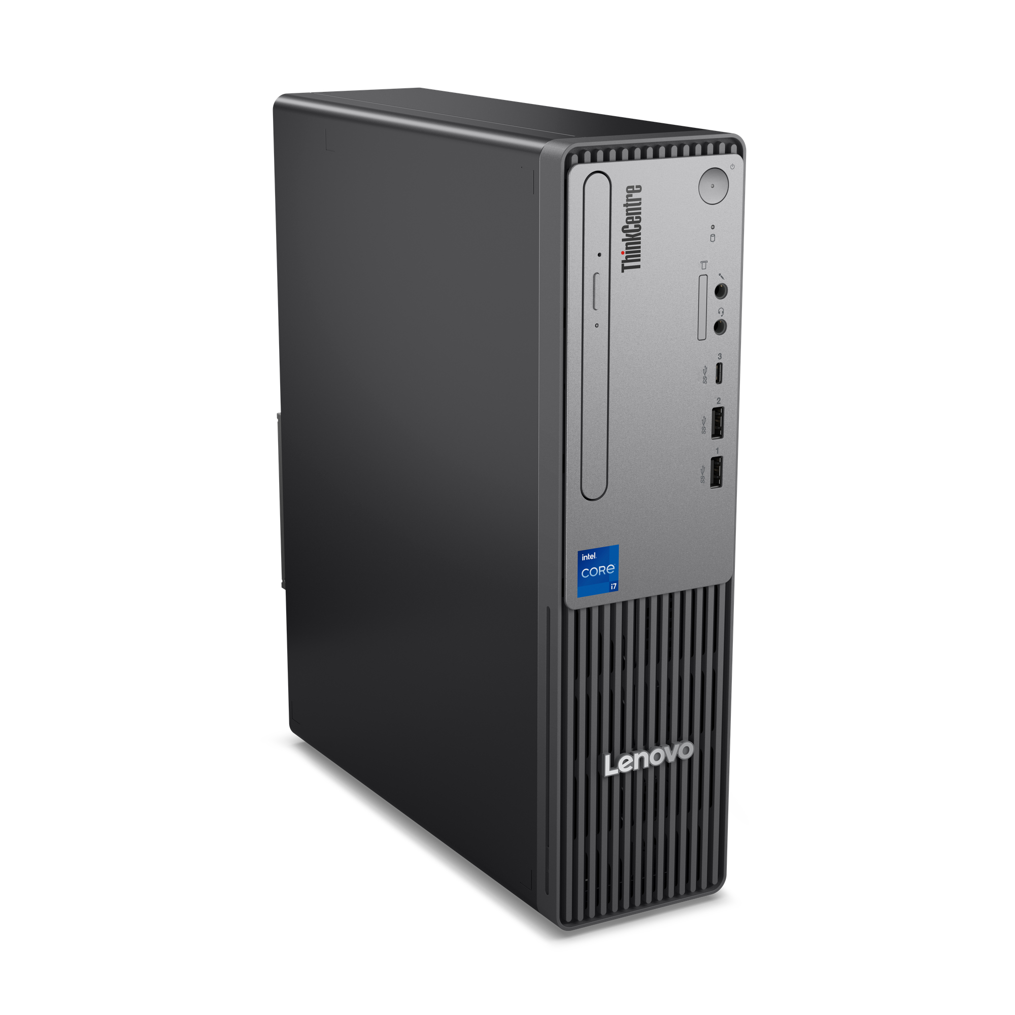 Czarna wieża komputera Lenovo ThinkCentre, z portami i naklejką Intel Core i7.