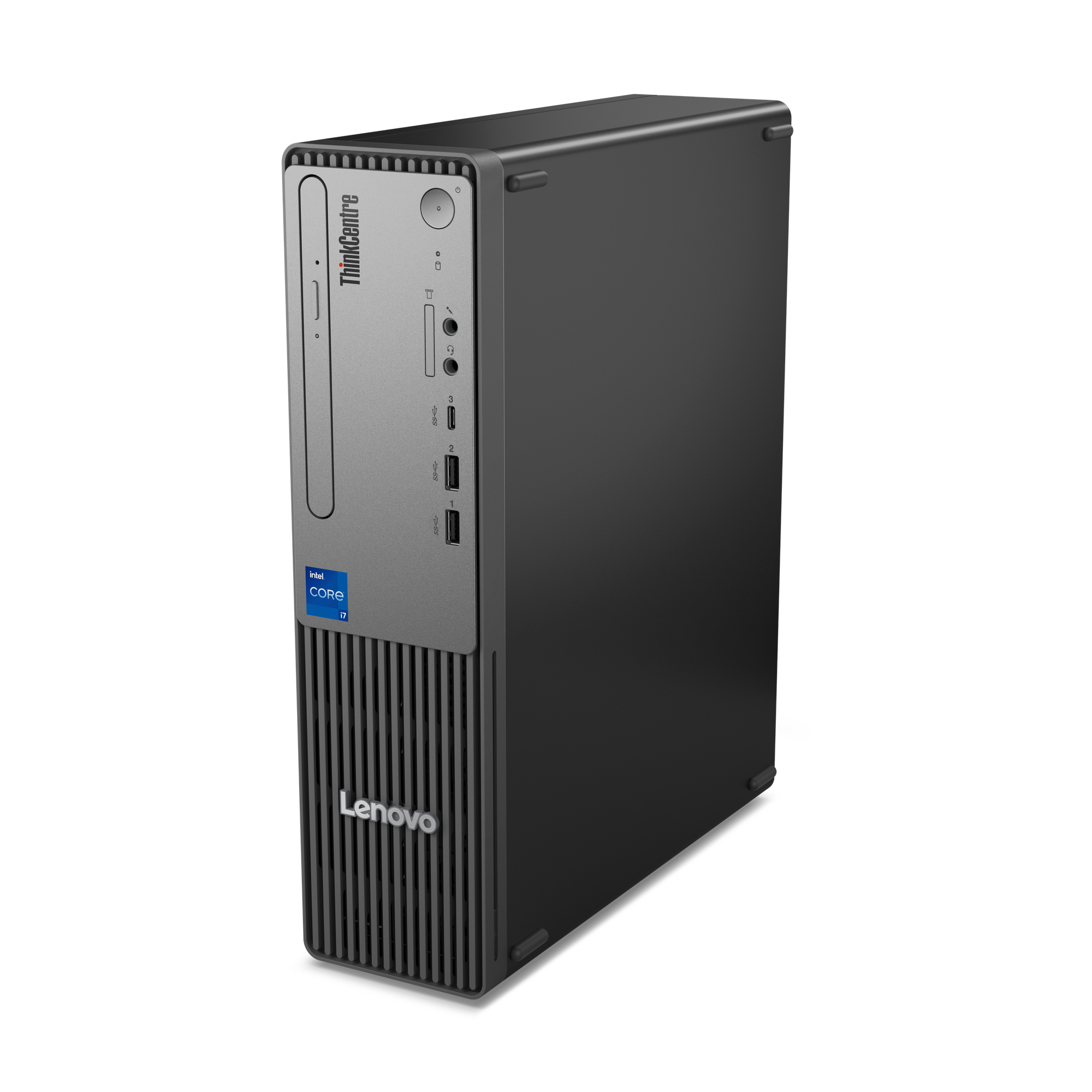 Czarny komputer stacjonarny Lenovo ThinkCentre. Widok z przodu z portami i naklejką Intel Core i5.