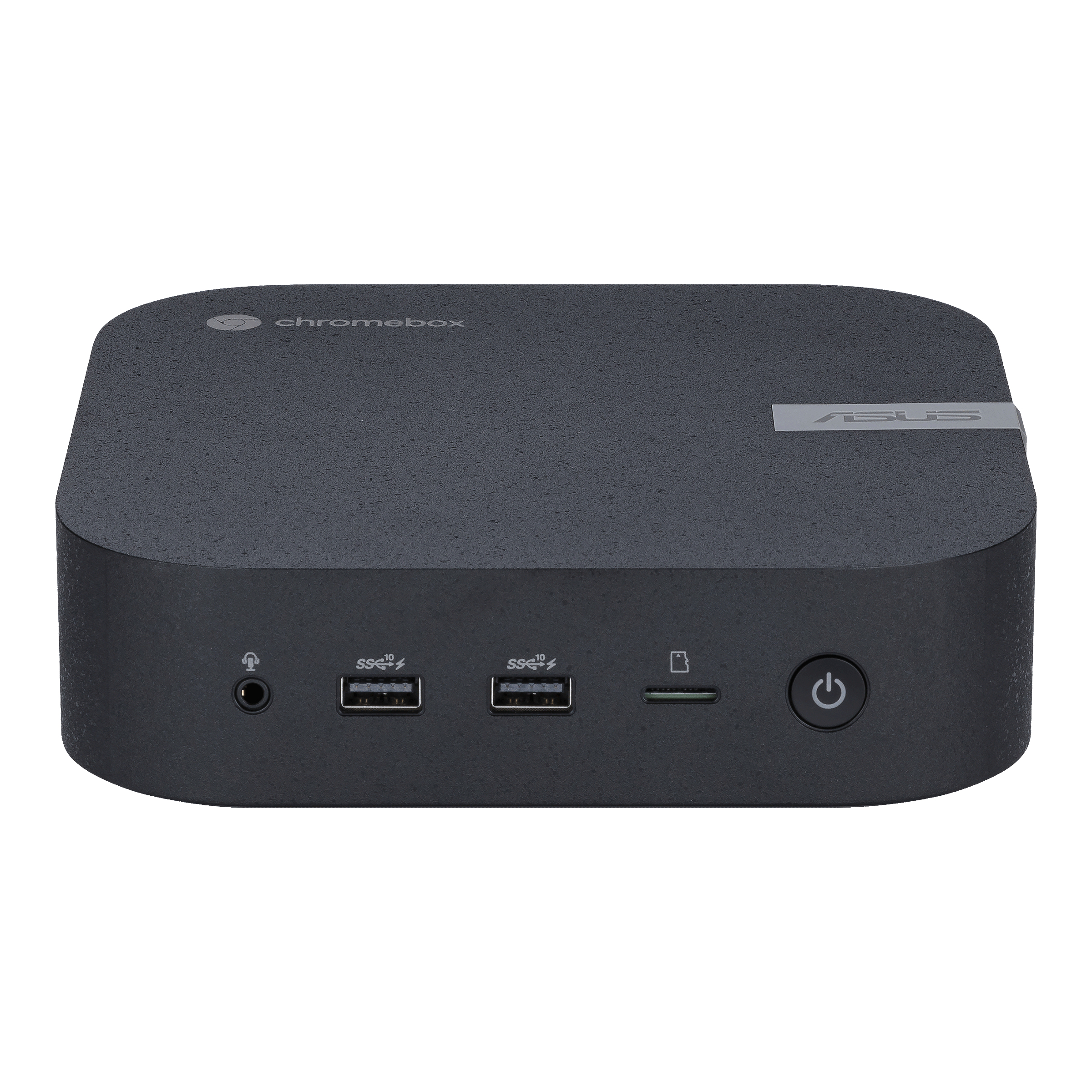Una chromebox ASUS nera con porte, USB e un pulsante di accensione sulla parte anteriore. Sfondo bianco.