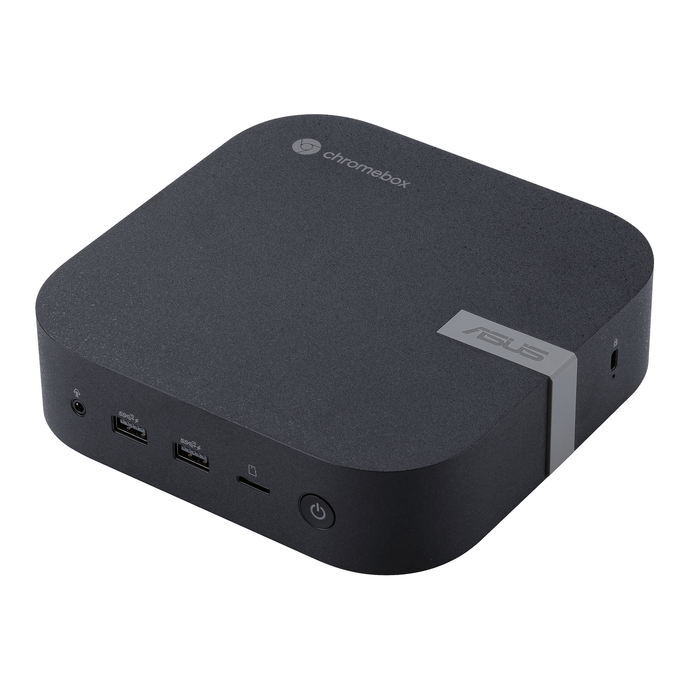 Chromebox ASUS grigio scuro con porte e pulsante di accensione. Sfondo bianco.