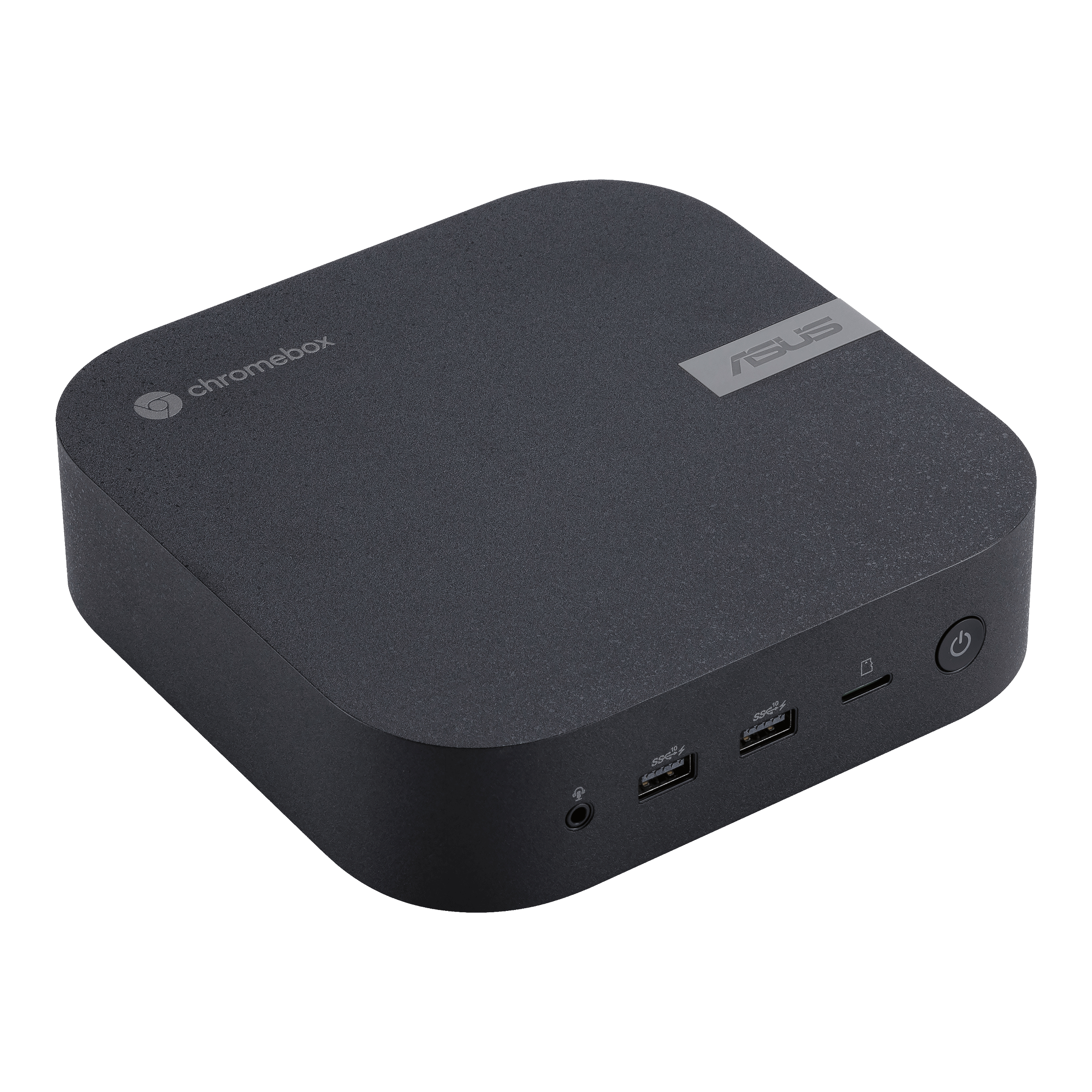 Una chromebox Asus grigio scuro con forma quadrata arrotondata. Il logo Asus è visibile in alto.