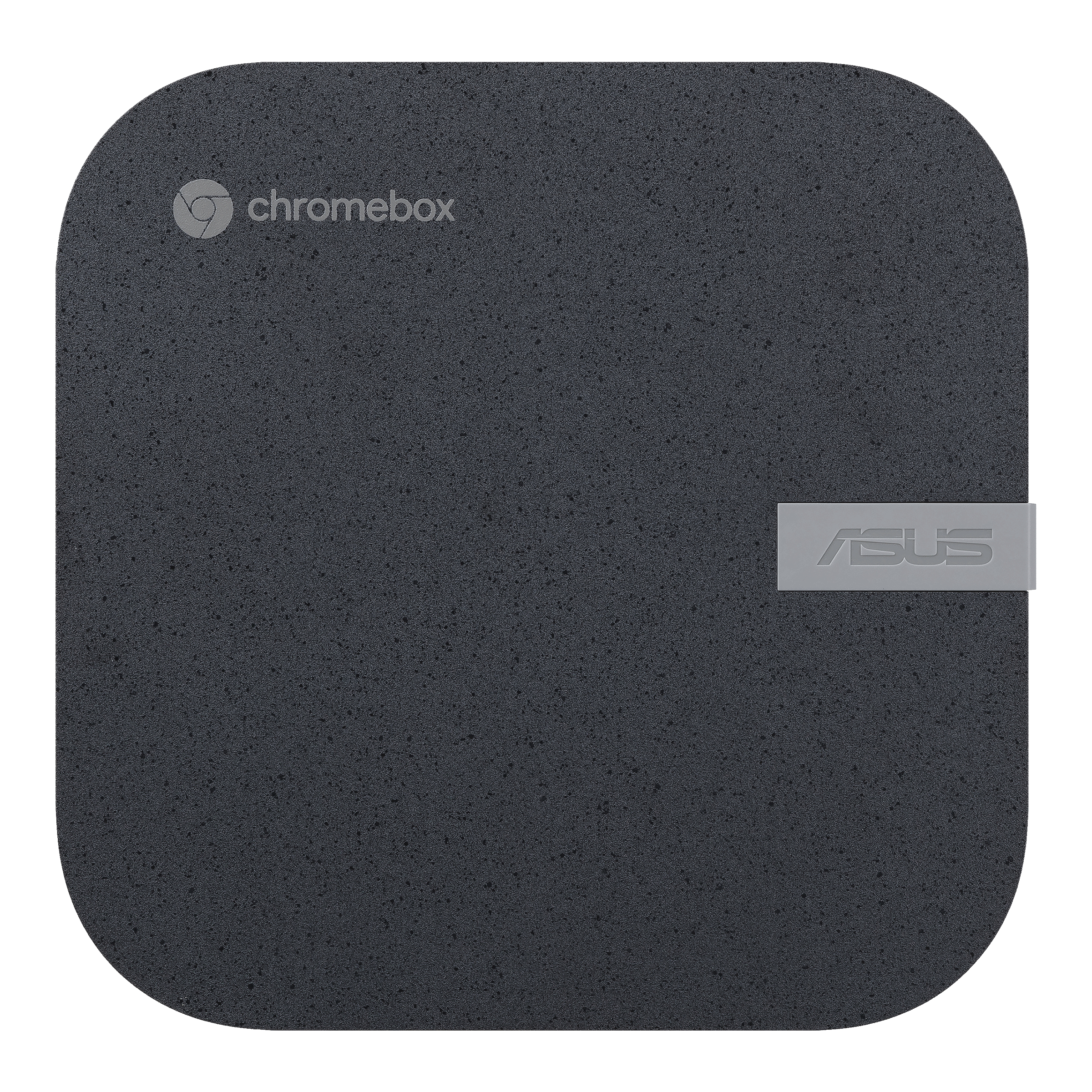 Chromebox Asus grigio scuro, vista dall'alto. Il logo chromebox è visibile. Logo ASUS sul lato.
