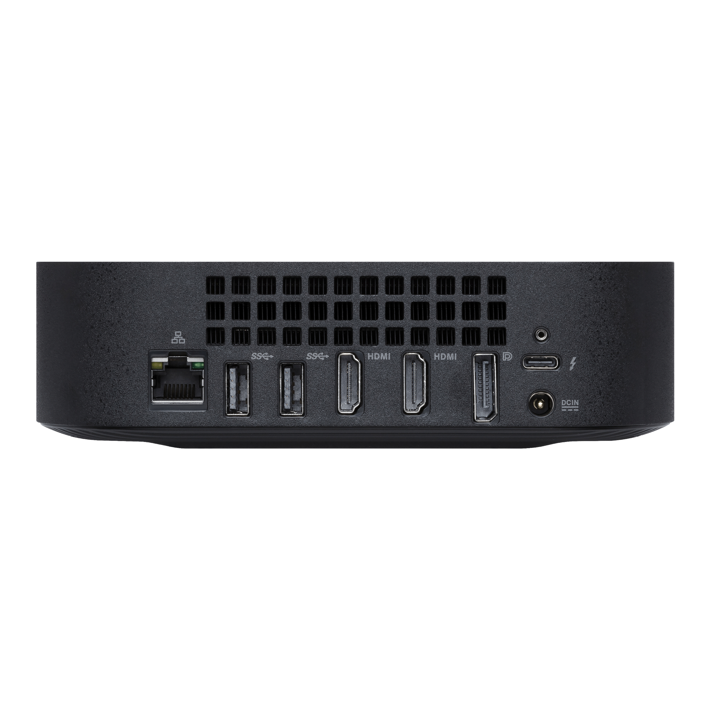 Vista posteriore di un dispositivo nero con varie porte tra cui USB, HDMI ed ethernet.
