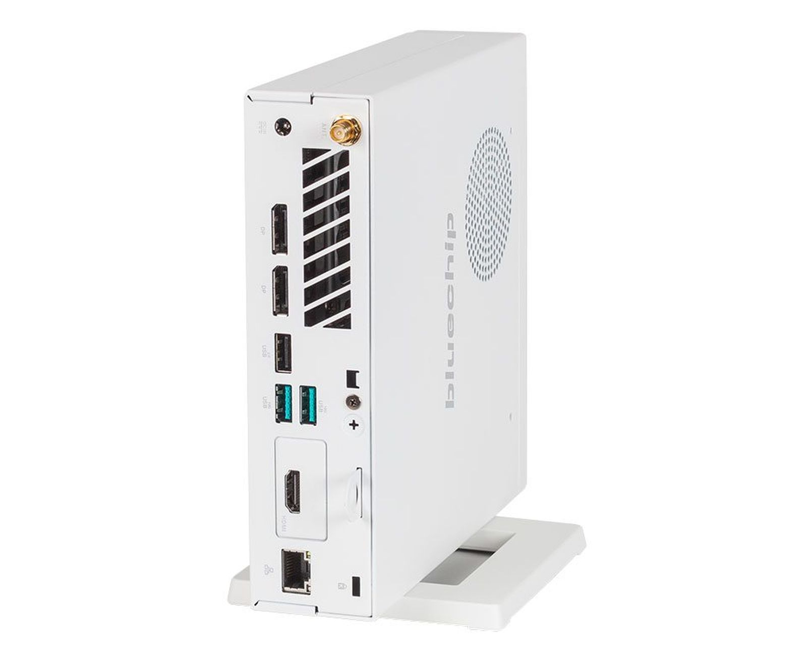 Biały komputer Bluechip, widok z boku. Porty i stojak. Czarna antena u góry.
