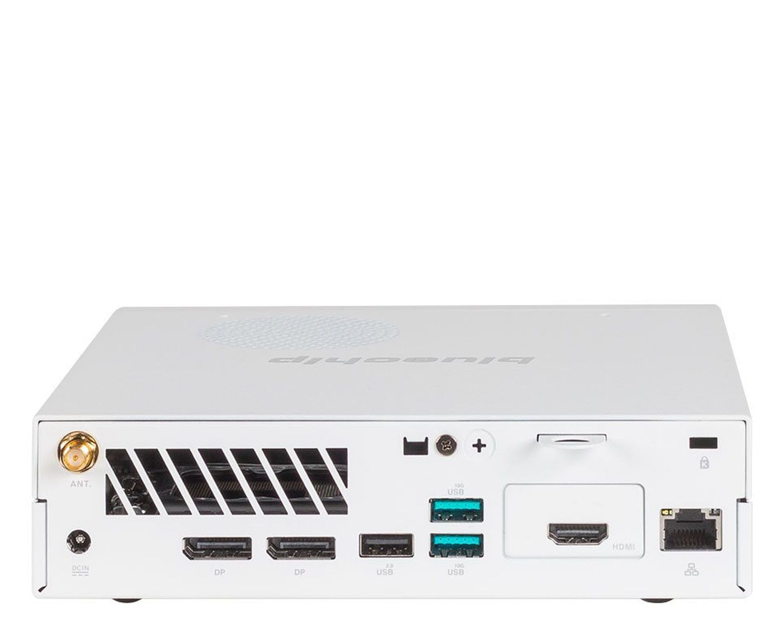 Widok z tyłu białego mini PC z portami i anteną.