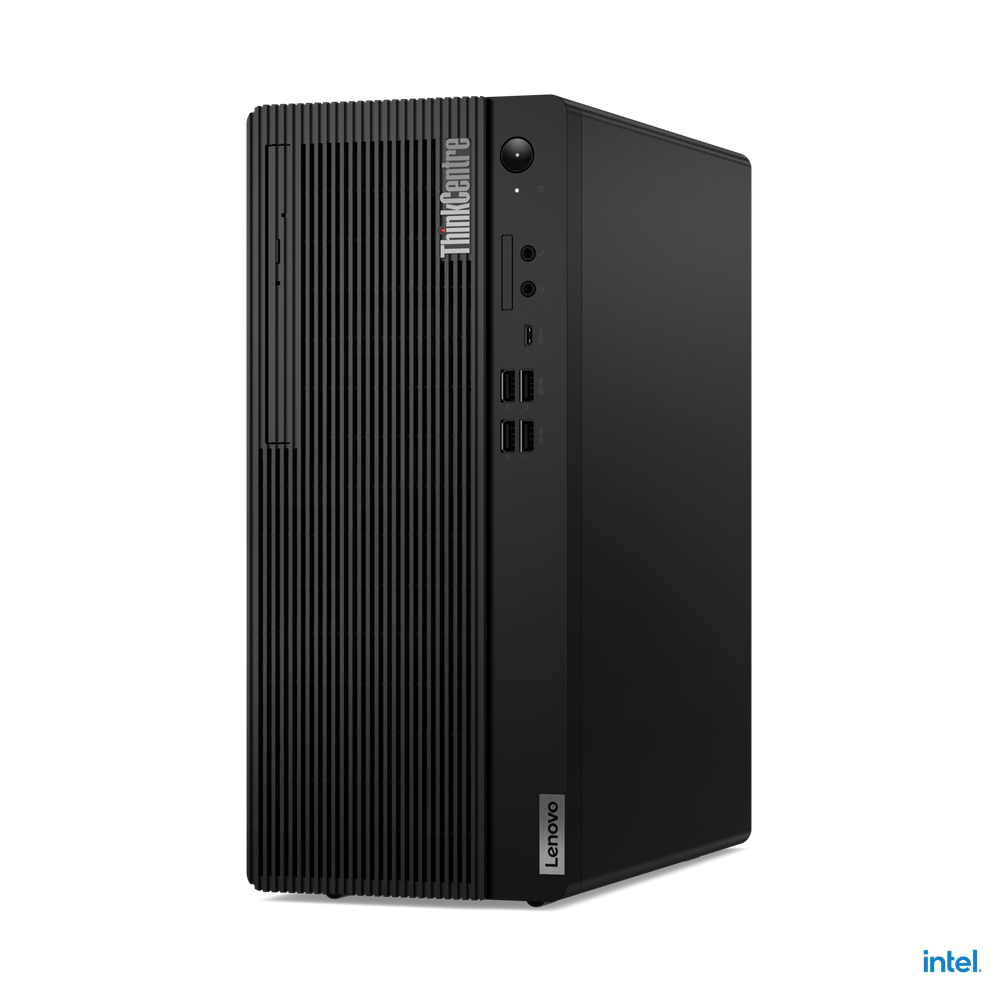 Torre per computer desktop nera. Caratteristiche: logo ThinkCentre, logo Lenovo e porte. Logo Intel in basso a destra.