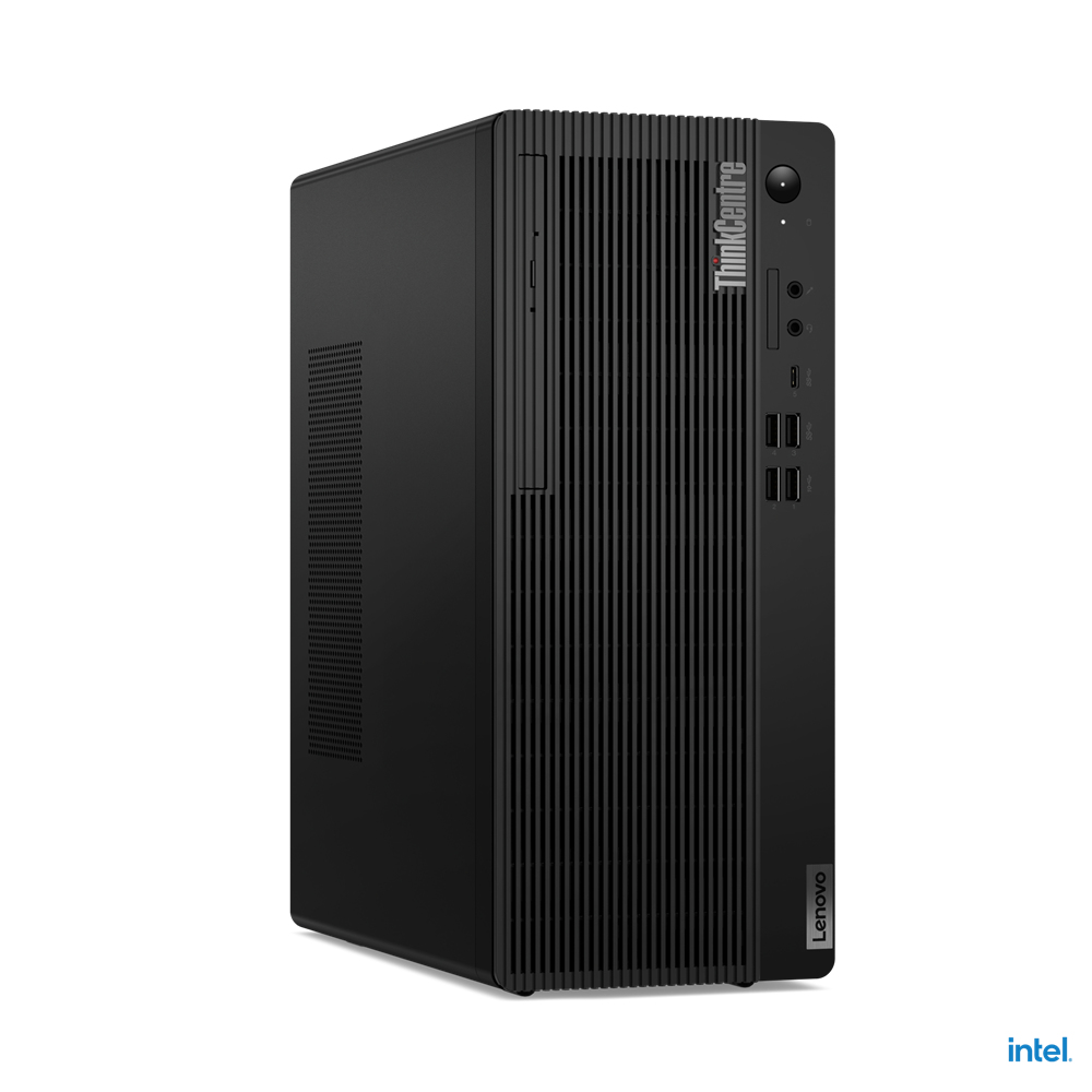 Una torre per computer Lenovo ThinkCentre nera. È alta e ha diverse porte. Il marchio è visibile.