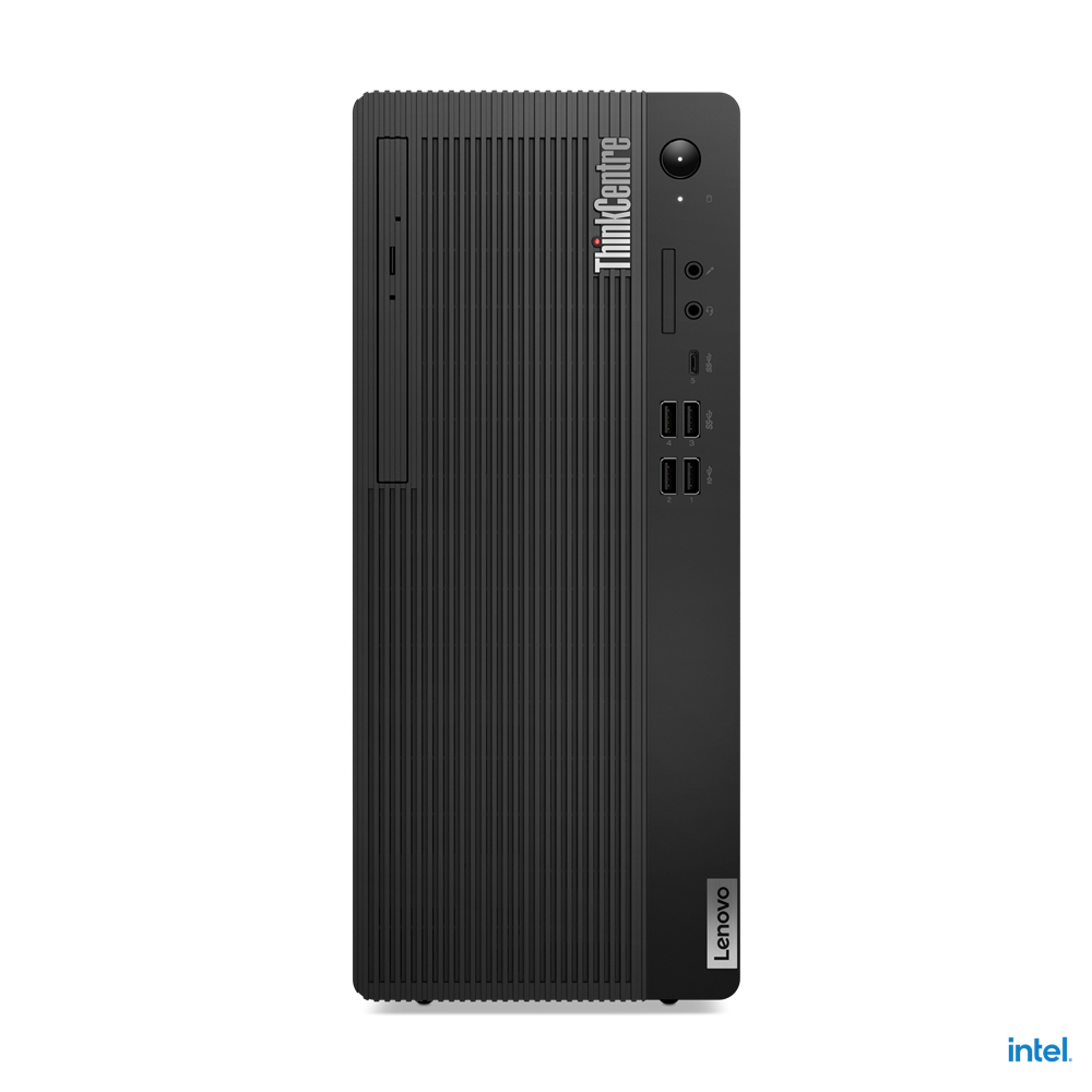 Computer desktop Lenovo ThinkCentre nero, orientamento verticale, con porte e pulsanti visibili.