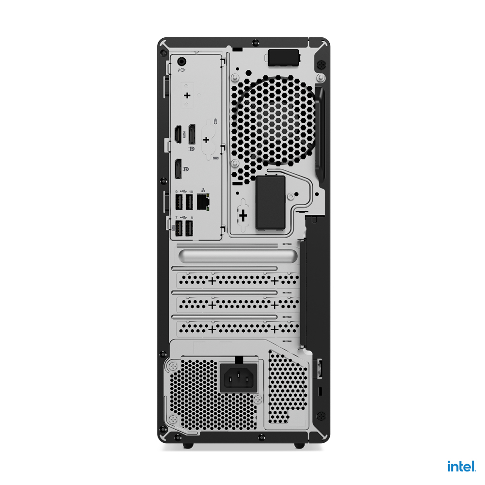 Parte posteriore di un case per PC nero con più porte e prese d'aria. Logo Intel visibile in basso.