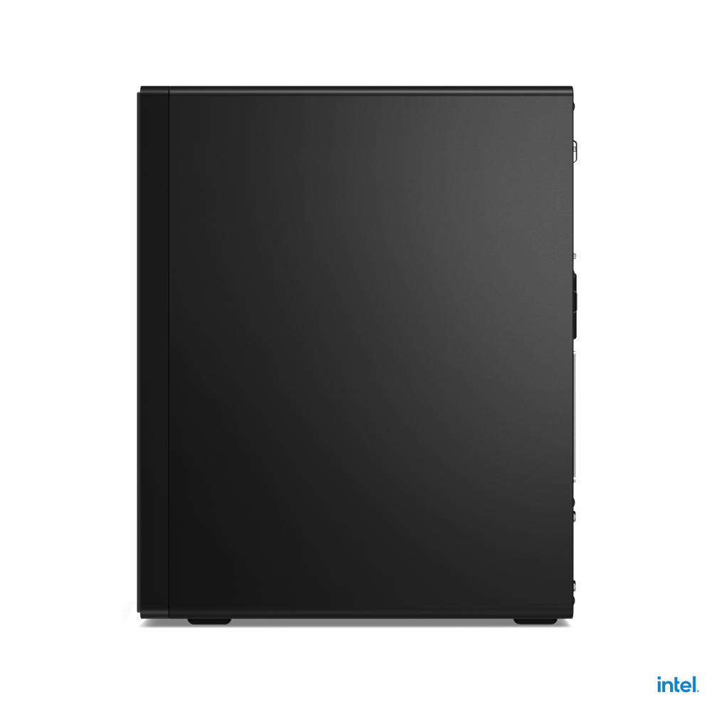 Una vista laterale di un case per computer nero. Ci sono porte e il logo Intel.