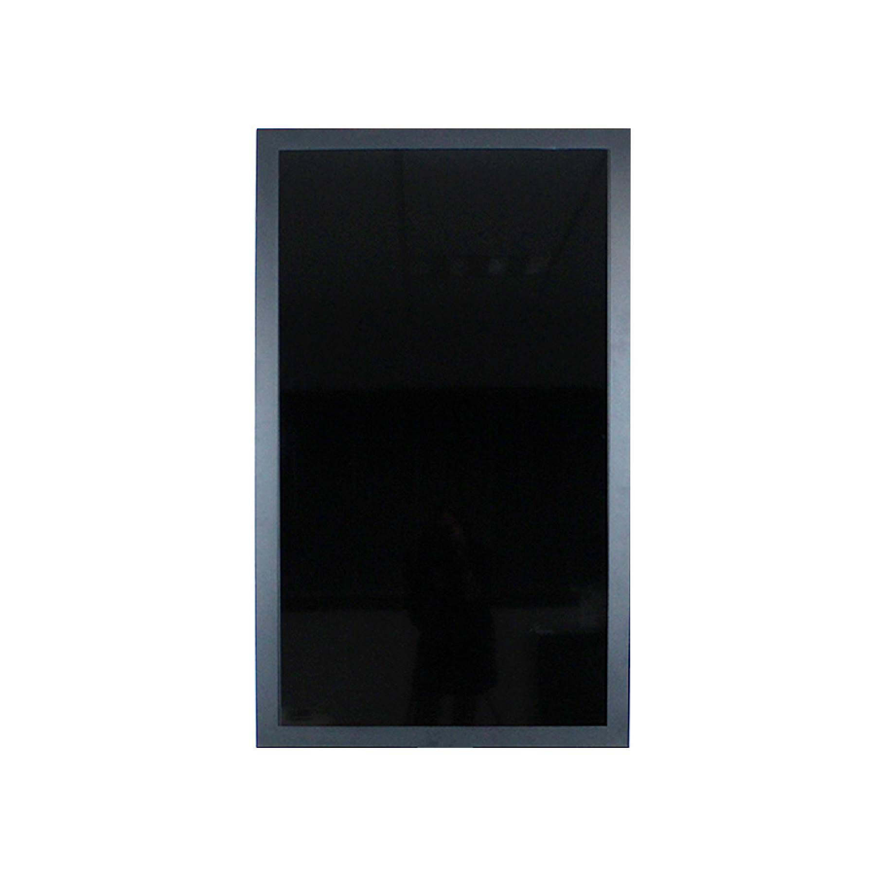 TV a schermo nero con cornice grigio scuro e sfondo bianco.