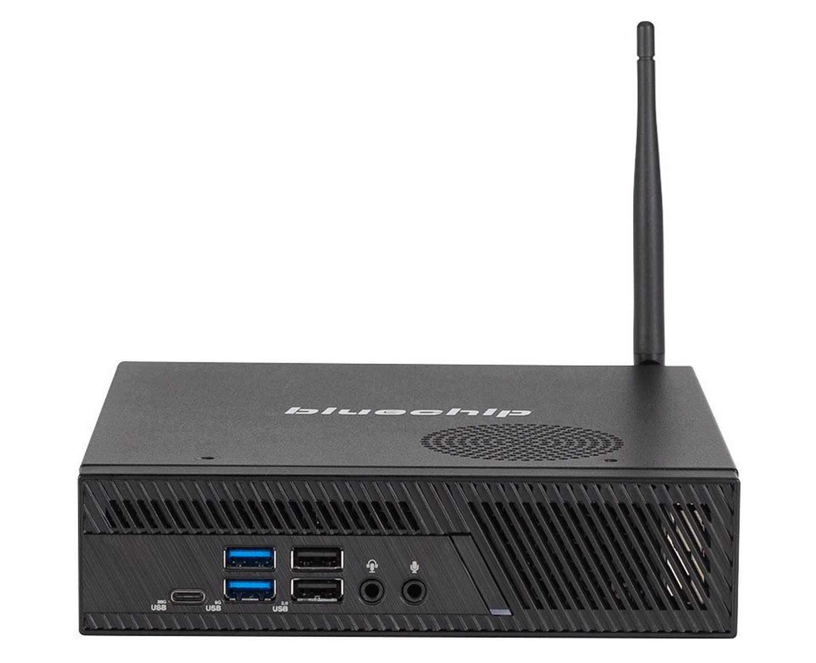 Computer nero con antenna. Porte USB, ventilazione circolare e marchio. Sfondo bianco.