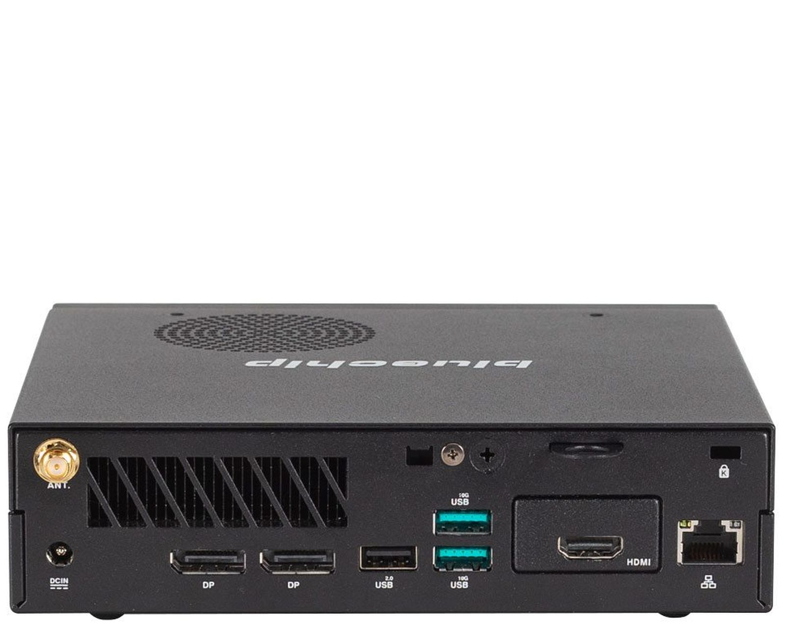 Retro di un computer nero con porte. Il nome bluechip è visibile.