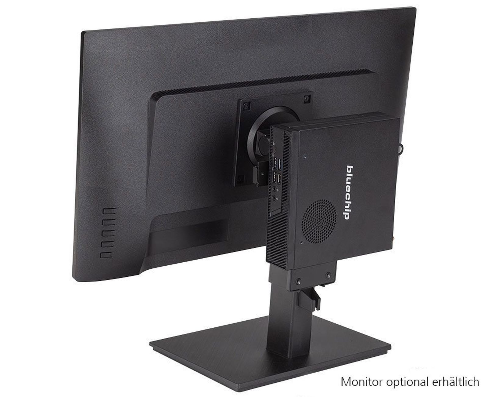 PC nero montato sul retro di un monitor con un supporto.
