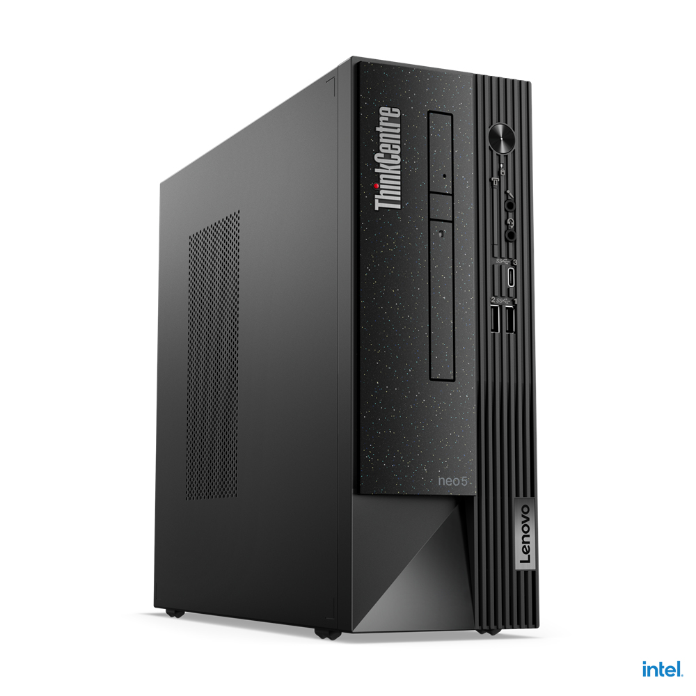 Computer desktop Lenovo ThinkCentre nero. Presenta i loghi ThinkCentre e Lenovo.