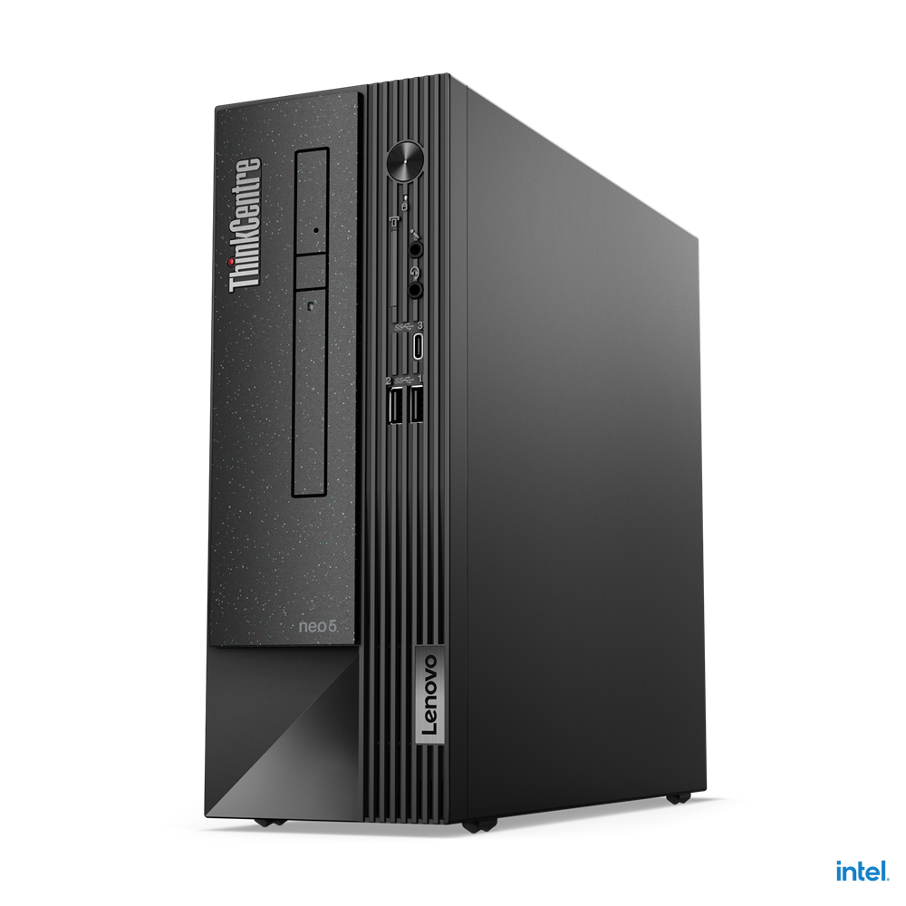 Computer desktop Lenovo ThinkCentre neo 5 nero. Ha un design sottile con porte e il logo Intel.