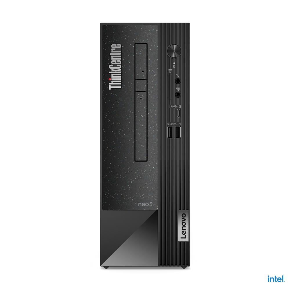 Un computer desktop Lenovo ThinkCentre nero con un design minimalista.