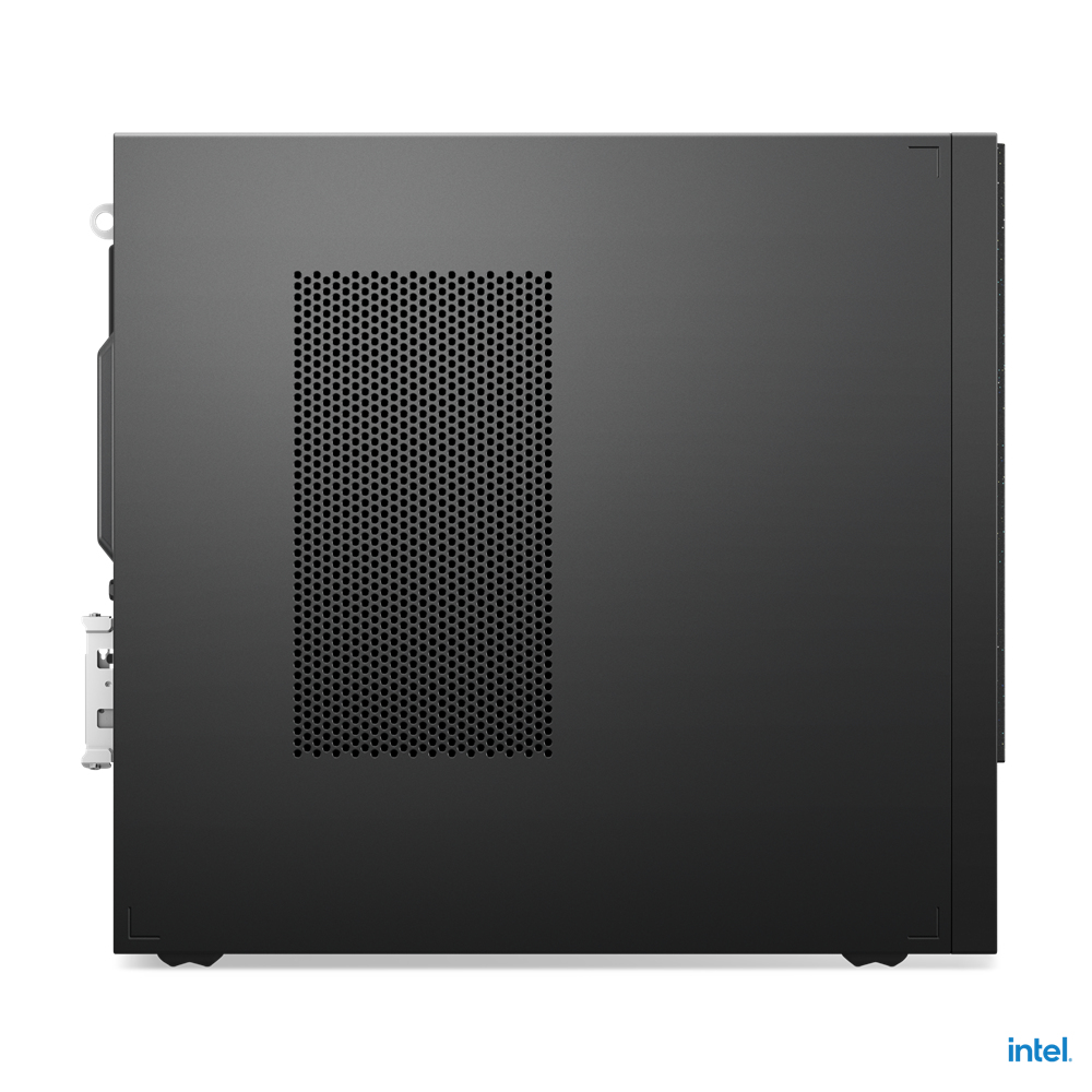 Il lato di un computer desktop nero. Ha uno sfiato con un motivo a nido d'ape.