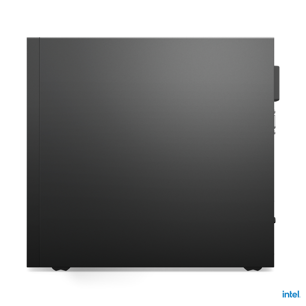 Il lato di un computer desktop nero. È nero liscio e ha il logo Intel.