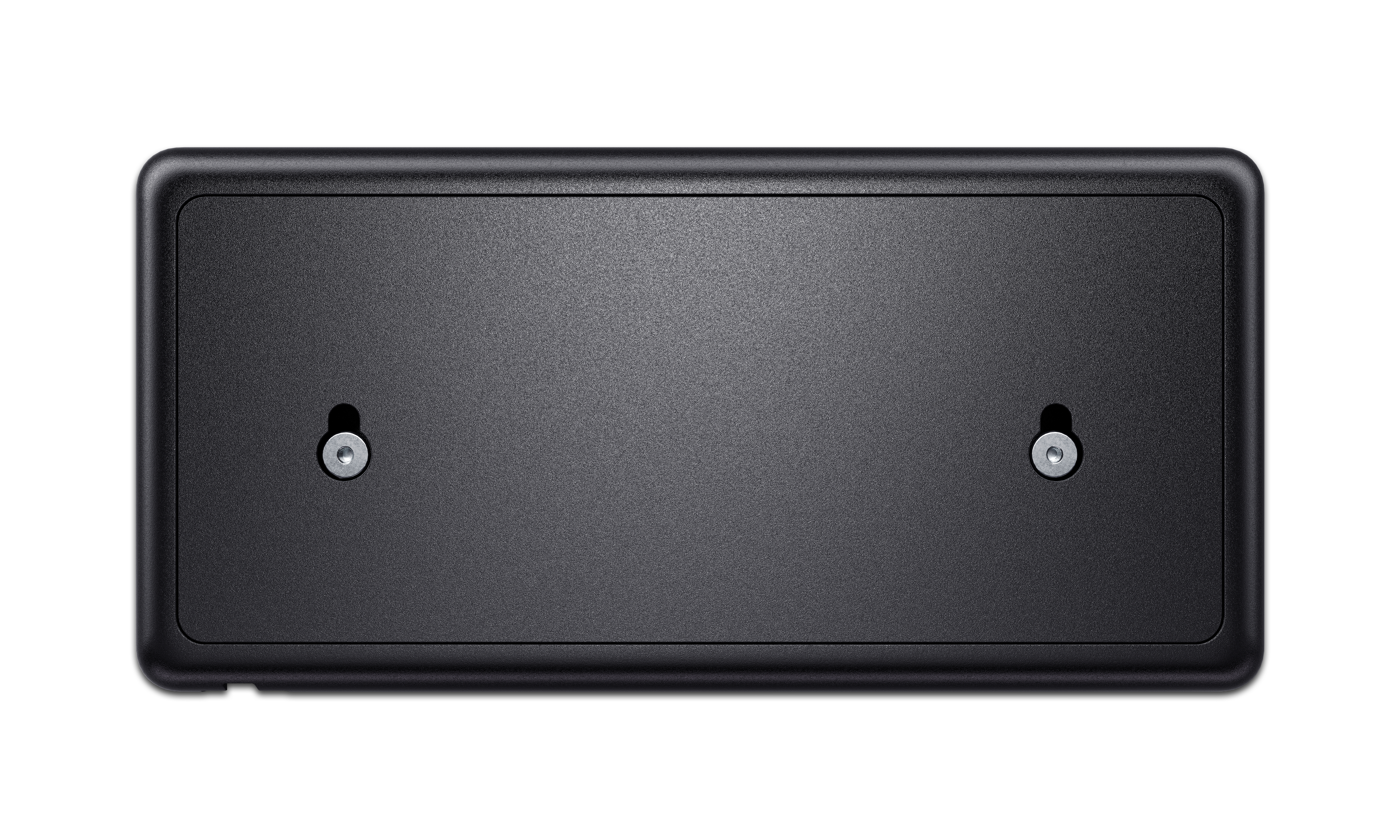 Czarny prostokątny przedmiot z dwiema śrubami. Przedmiot ma płaską powierzchnię.