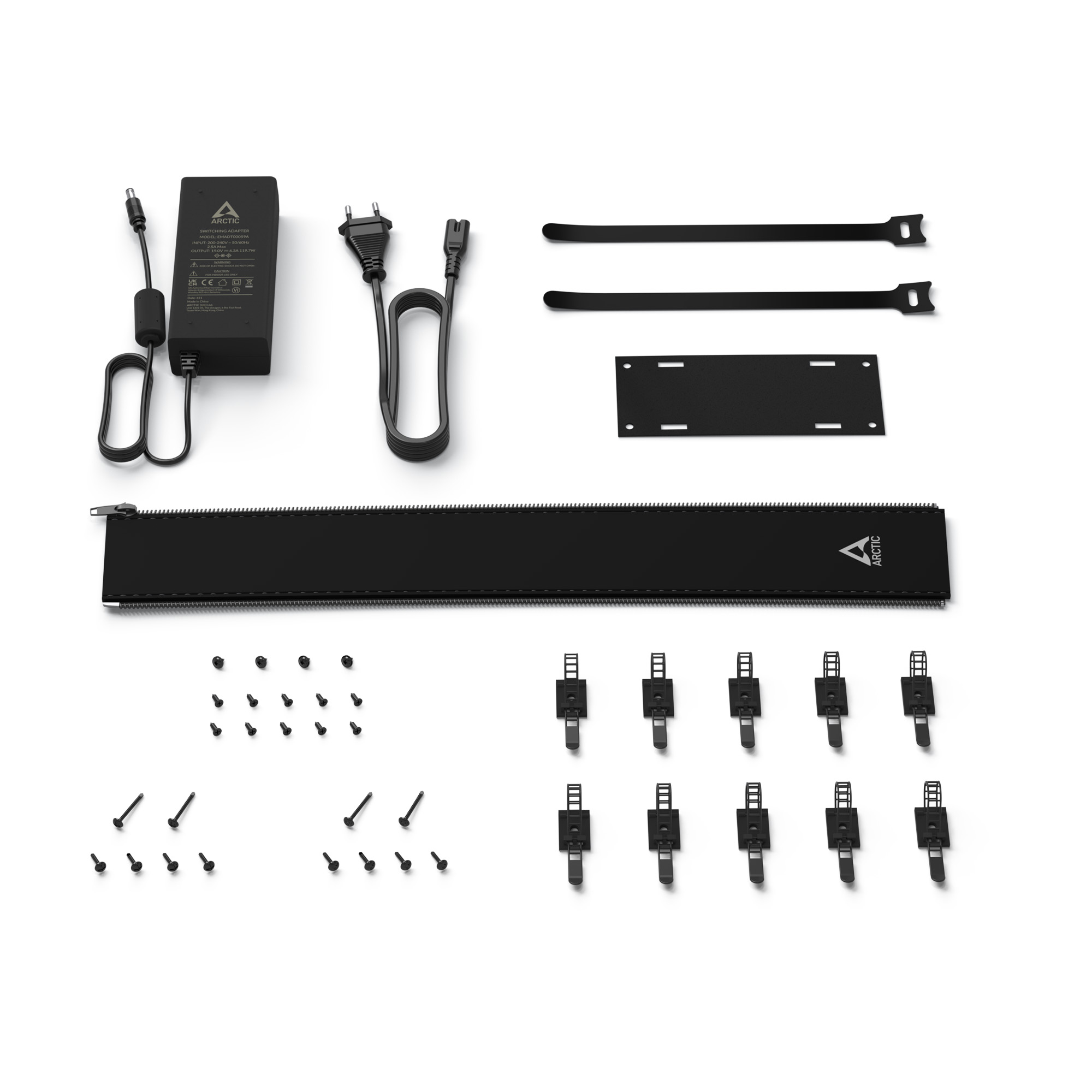 Zestaw czarnych komponentów komputerowych, w tym zasilacz, kable i osprzęt montażowy.