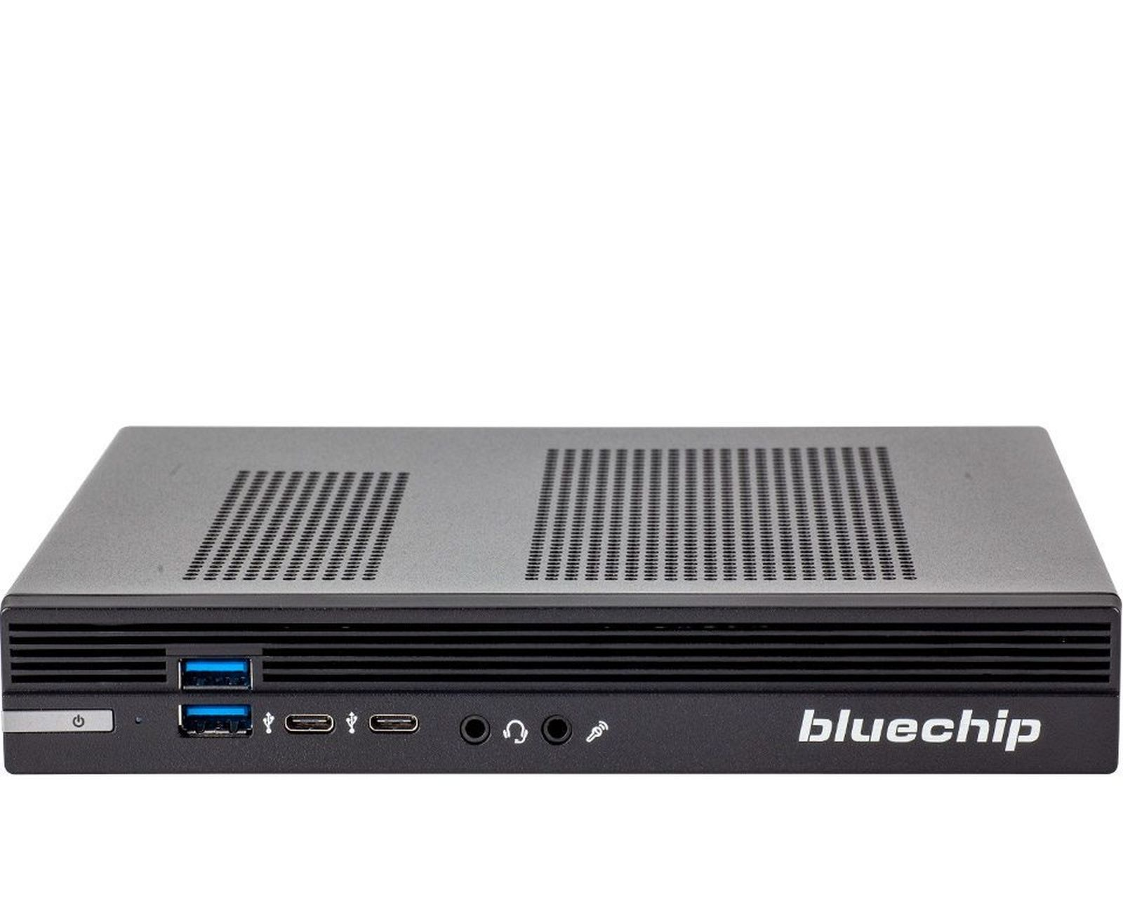 Piccolo computer grigio con porte frontali, griglia nera superiore e logo Bluechip.