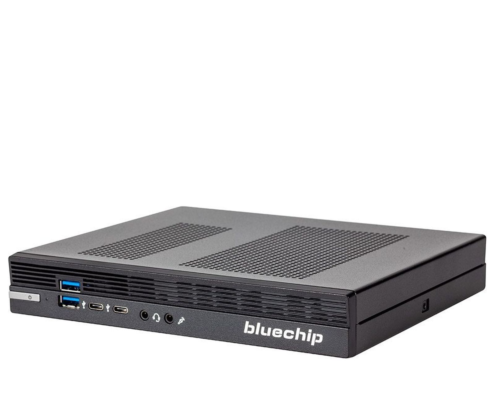 Un computer Bluechip nero con porte USB e dettagli blu.