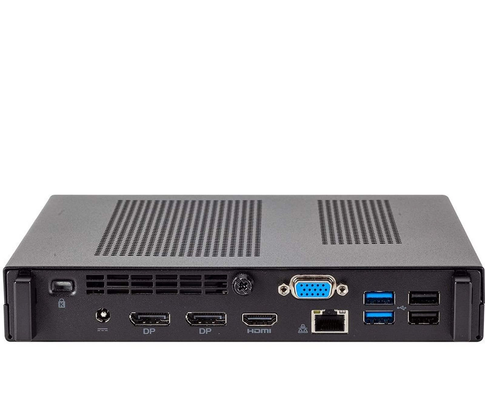 Pannello posteriore di un mini PC nero con varie porte tra cui DP, HDMI e USB. Ha una presa d'aria e fessure per viti.